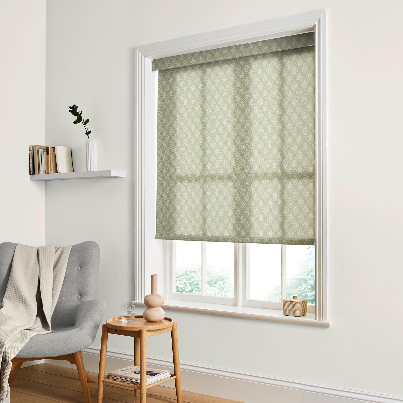 Edo Dark Sage Light Filtering Sample - 143661rol_ROOMSET_Edo_Dark_Sage_Roller_Blind_109768_Ginger_Lily.jpg