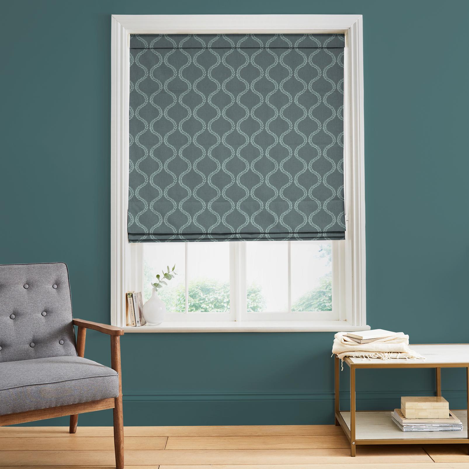 Laurel Leaf Trellis Petrol Roman Blind - 143669rom_ROOMSET_Laurel_Leaf_Trellis_Petrol_110631_Riley.jpg