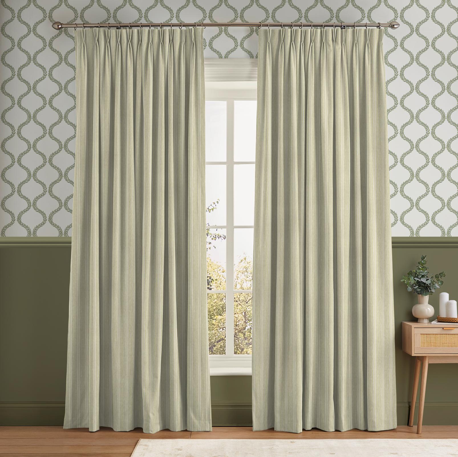 Willow Path Stripe Sage Curtain - 143684cur_ROOMSET_Willow_Path_Stripe_Sage_143533_Laurel_Leaf_Trellis_Willow_110248_Military_Operation.jpg