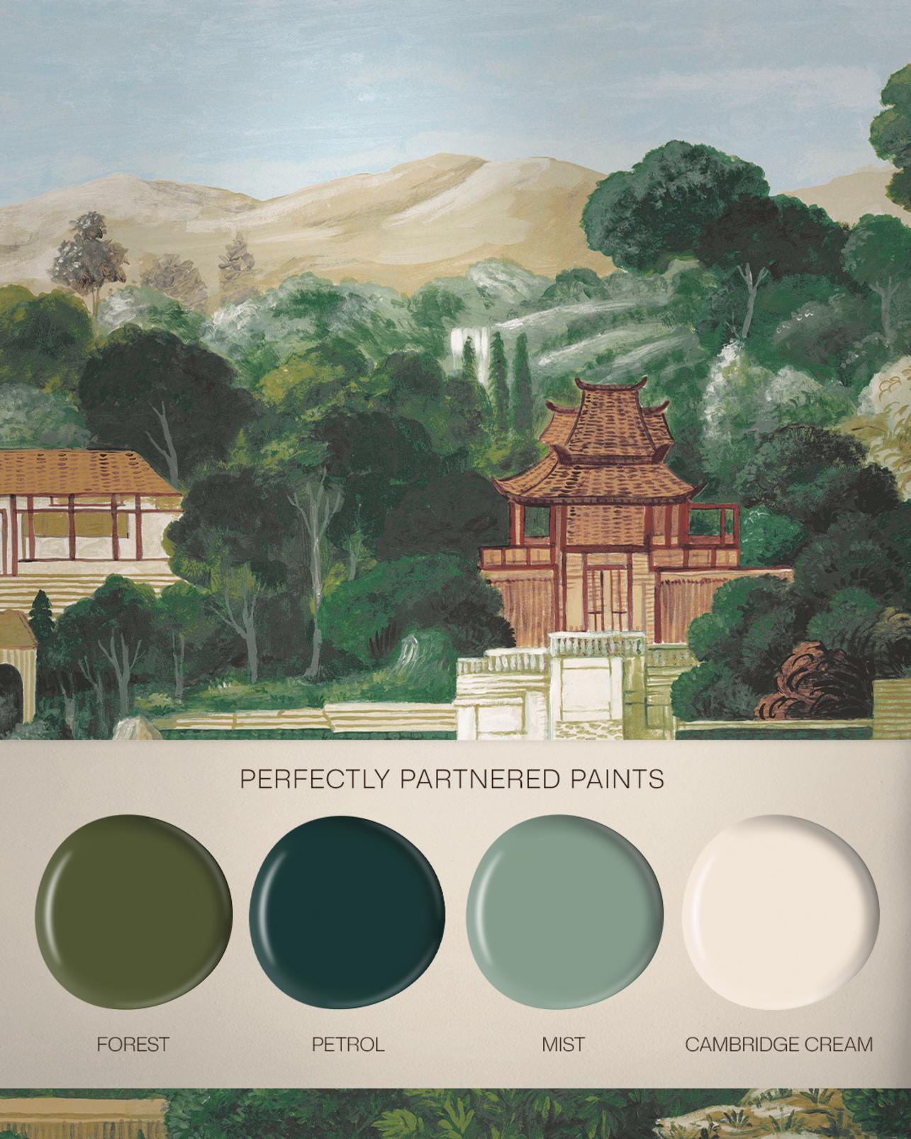 Jade Pavilion Dusk Bespoke Mural - 145891_FLATLAY_MURAL_JADE_PAVILLION_DUSK_FOREST_PETROL_MIST_CAMBRIDGECREAM.jpg