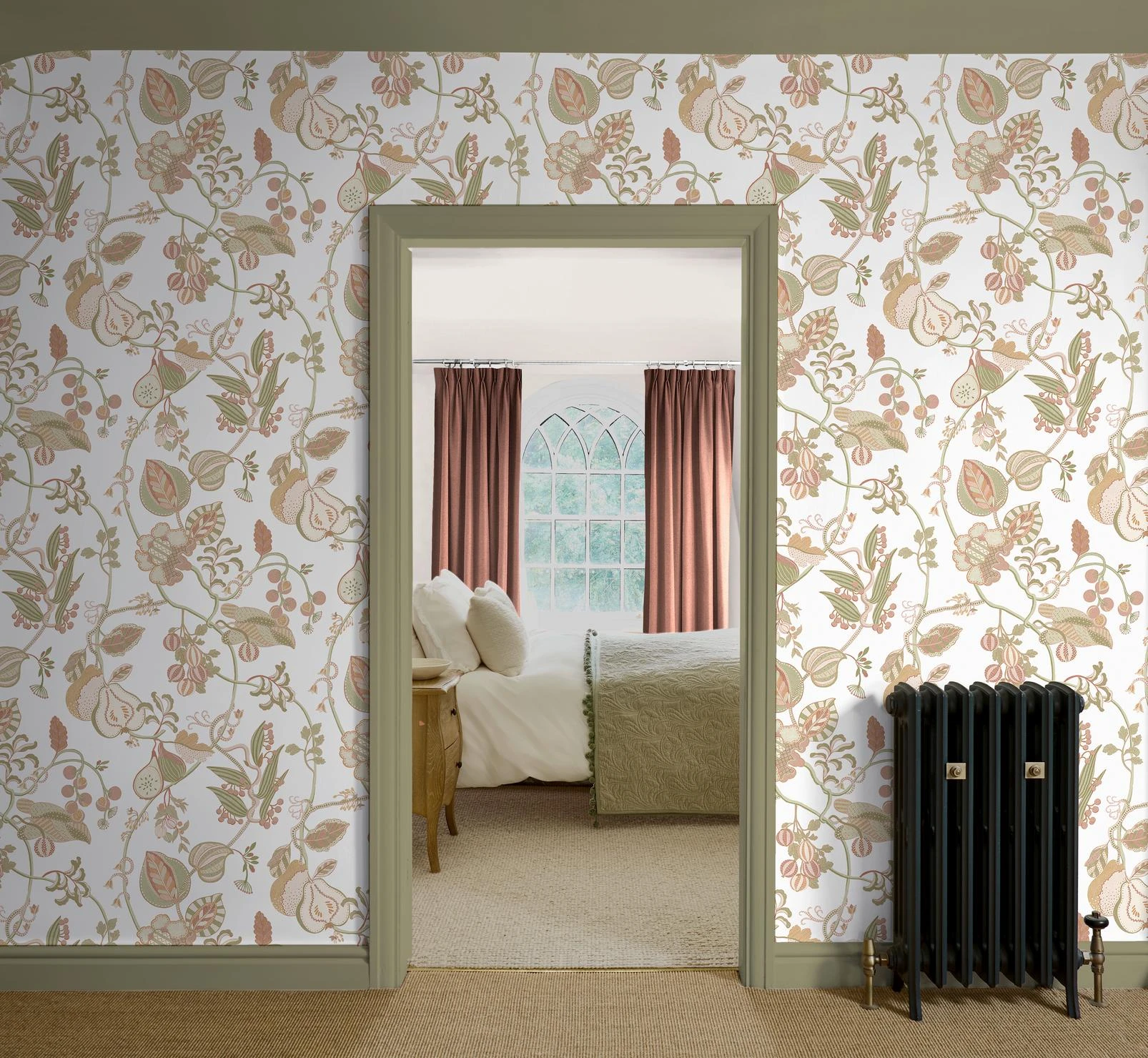 Orchard Tapestry Blush Wallpaper - 146421_ROOMSET_OrchardTapestryBlush_MilitaryOperation_ProseccoWhite_147894cur_ArdynBlush.jpg