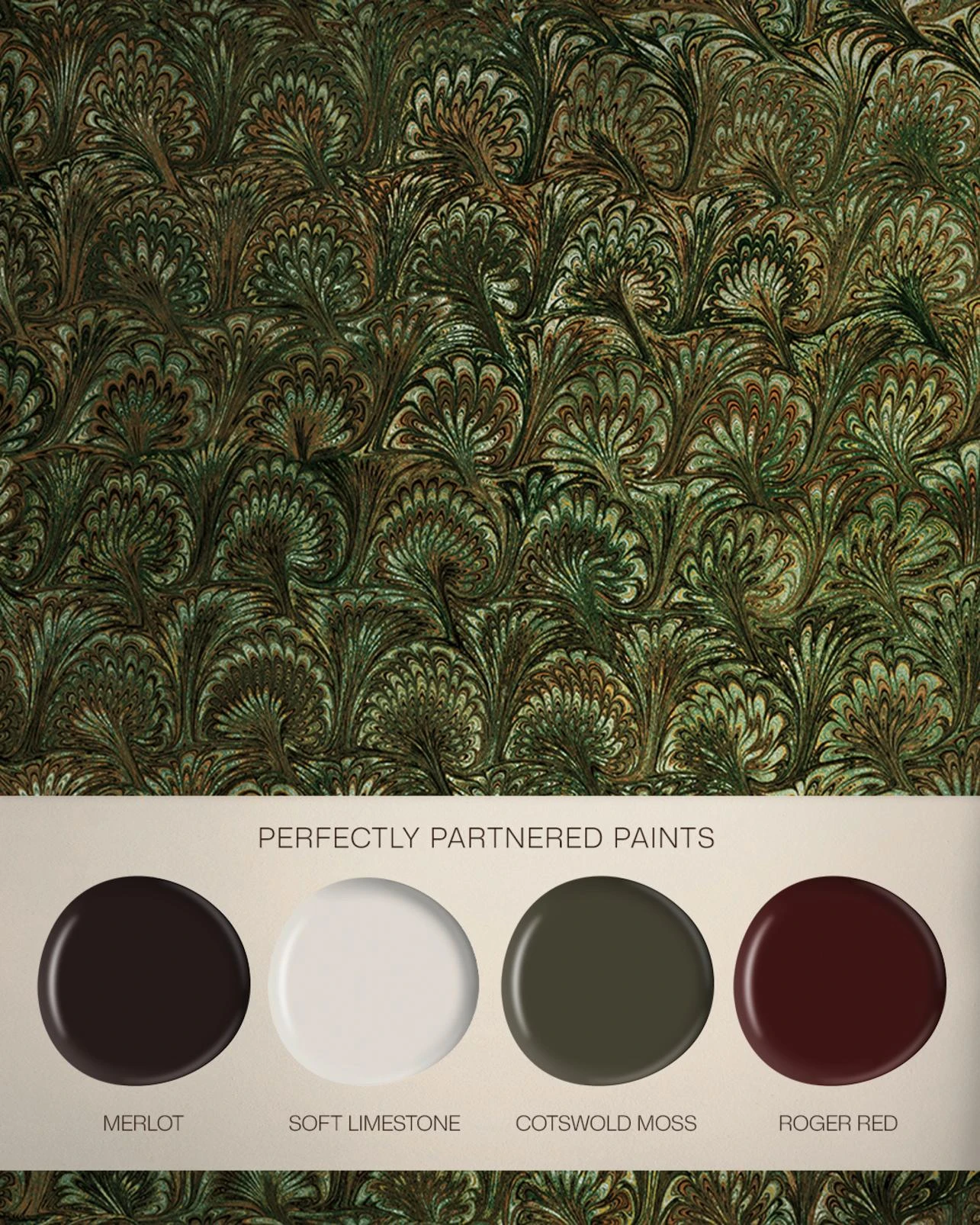 Truffle Peacock Wallpaper - 146414_FLATLAY_TRUFFLE_PEACOCK_MERLOT_SOFTLIMESTONE_COTSWOLDMOSS_ROGERRED.jpg