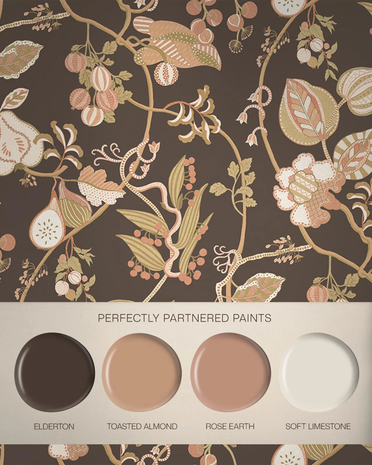 Orchard Tapestry Chocolate Wallpaper - 146424_FLATLAY_ORCAHRD_TAPESTRY_CHOCOLATE_ELDERTON_TOASTEDTEACAKE_ROSEEARTH_SOFTLIMESTONE.jpg