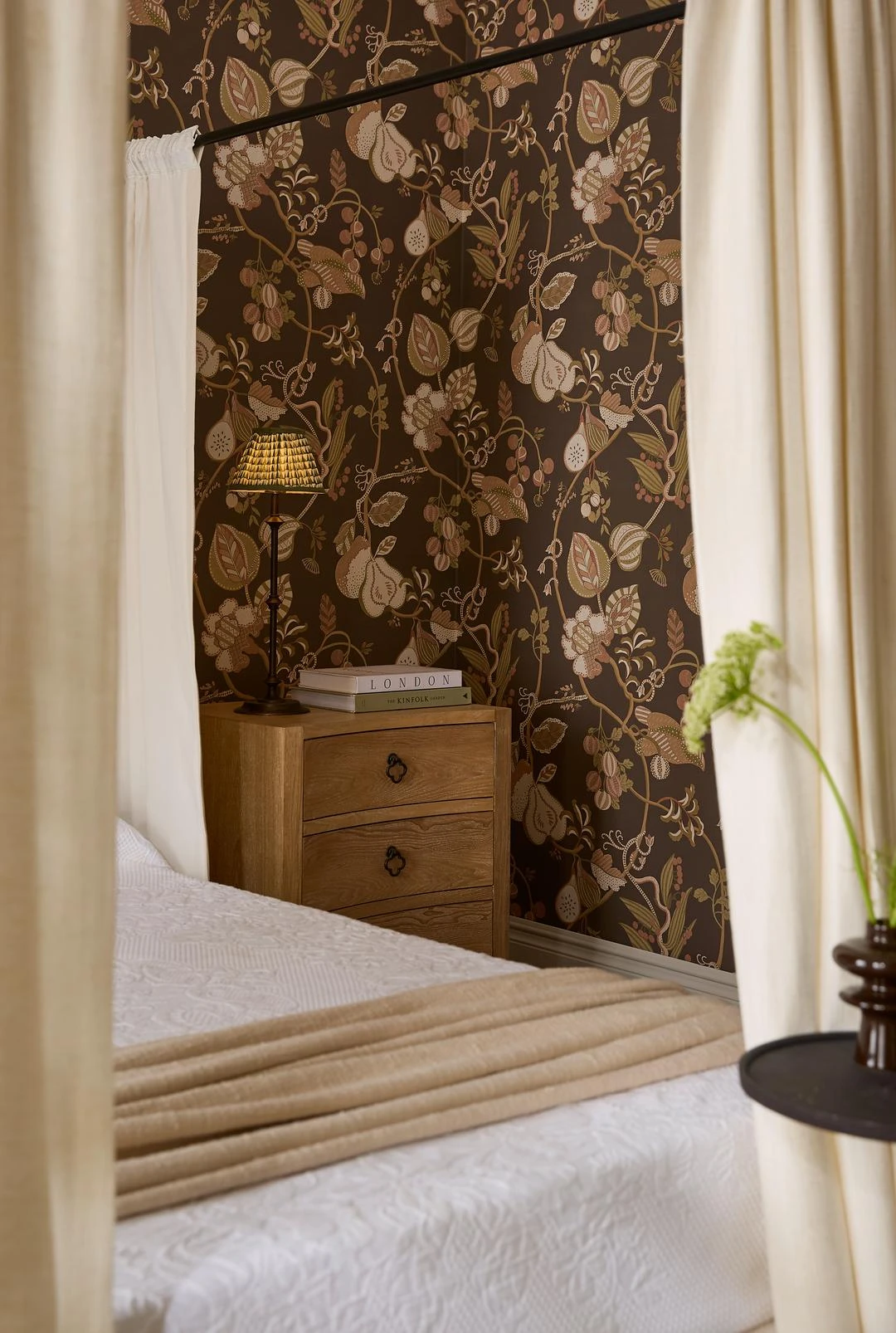 Orchard Tapestry Chocolate Wallpaper - 146424_CAMEO_OrchardTapestryChocolate_SoftLimestone_cur_MeadowStitchFlax_cur_LinumEcru_2.jpg