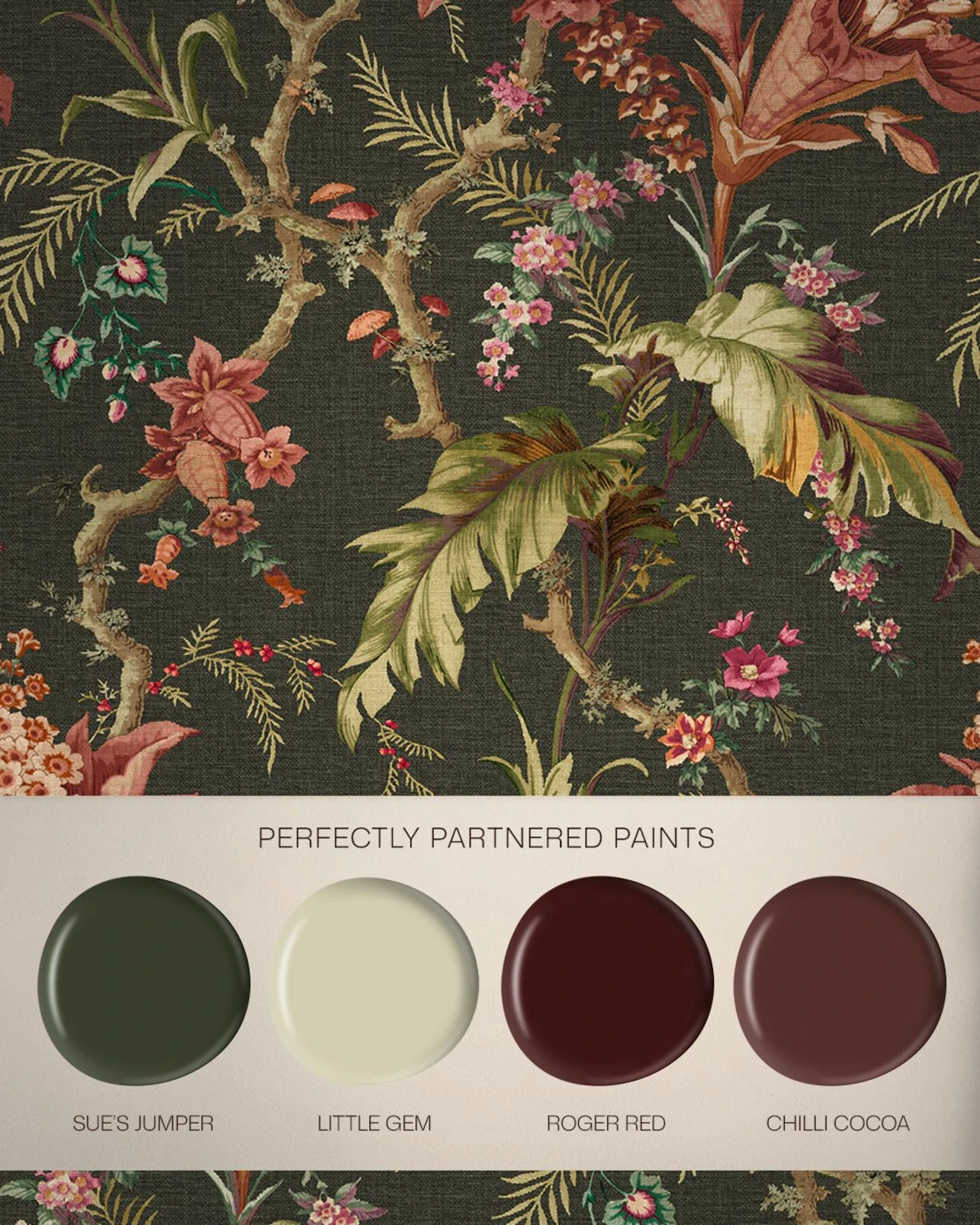 Arbour Press Forest Wallpaper - 146393_FLATLAY_ARBOURPRESS_FOREST_SUESJUMPER_LITTLEGEM_ROGERRED_CHILLICOCOA.jpg