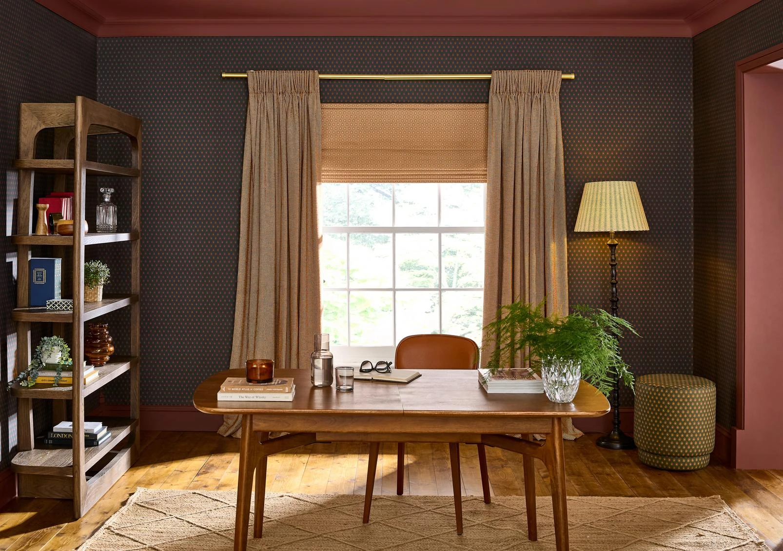 Dobby Petrol Wallpaper - 146384_ROOMSET_DobbyPetrol_ChilliCocoa_RidgeLoomSienna_DobbyPouffee_rom_DobbyOchre.jpg