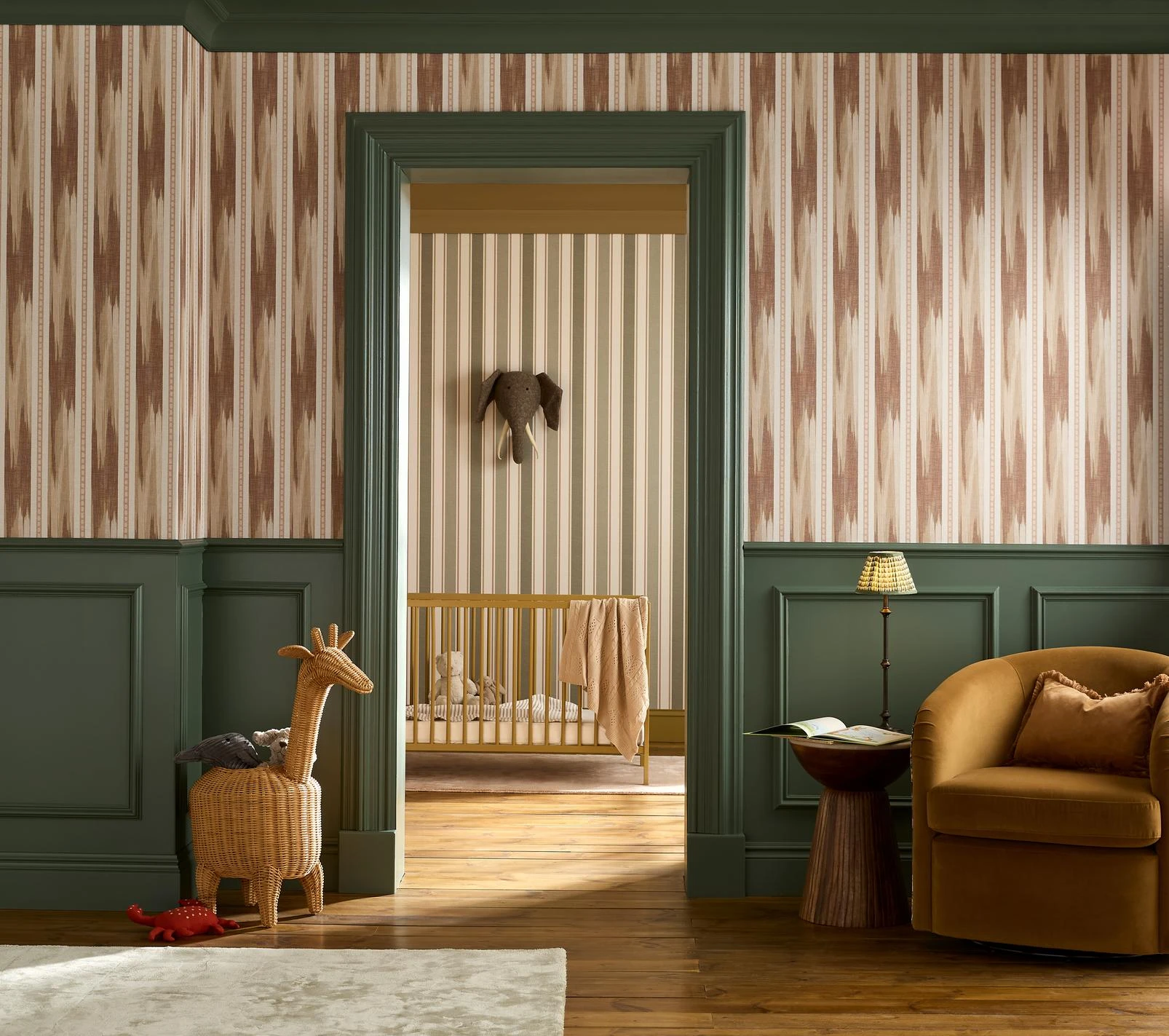 Forge Stripe Terracotta Wallpaper - 146406_ROOMSET_ForgeStripeTerracott_146390_FoundryStripeForest_Uluwatu_AmberEarth_G&BChair_G&BRugs.jpg