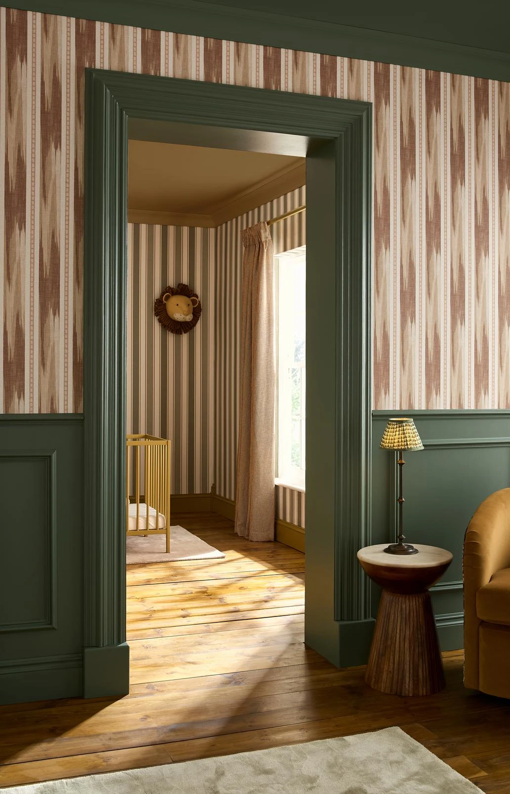 Forge Stripe Terracotta Wallpaper - 146406_CAMEO_ForgeStripeTerracotta_146390_FoundryStripeForest_Uluwatu_AmberEarth_G&BChair_G&BRugs_5.jpg
