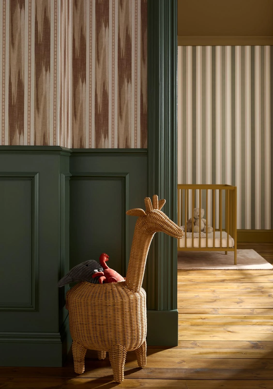 Forge Stripe Terracotta Wallpaper - 146406_CAMEO_ForgeStripeTerracotta_146390_FoundryStripeForest_Uluwatu_AmberEarth_G&BChair_G&BRugs_4.jpg