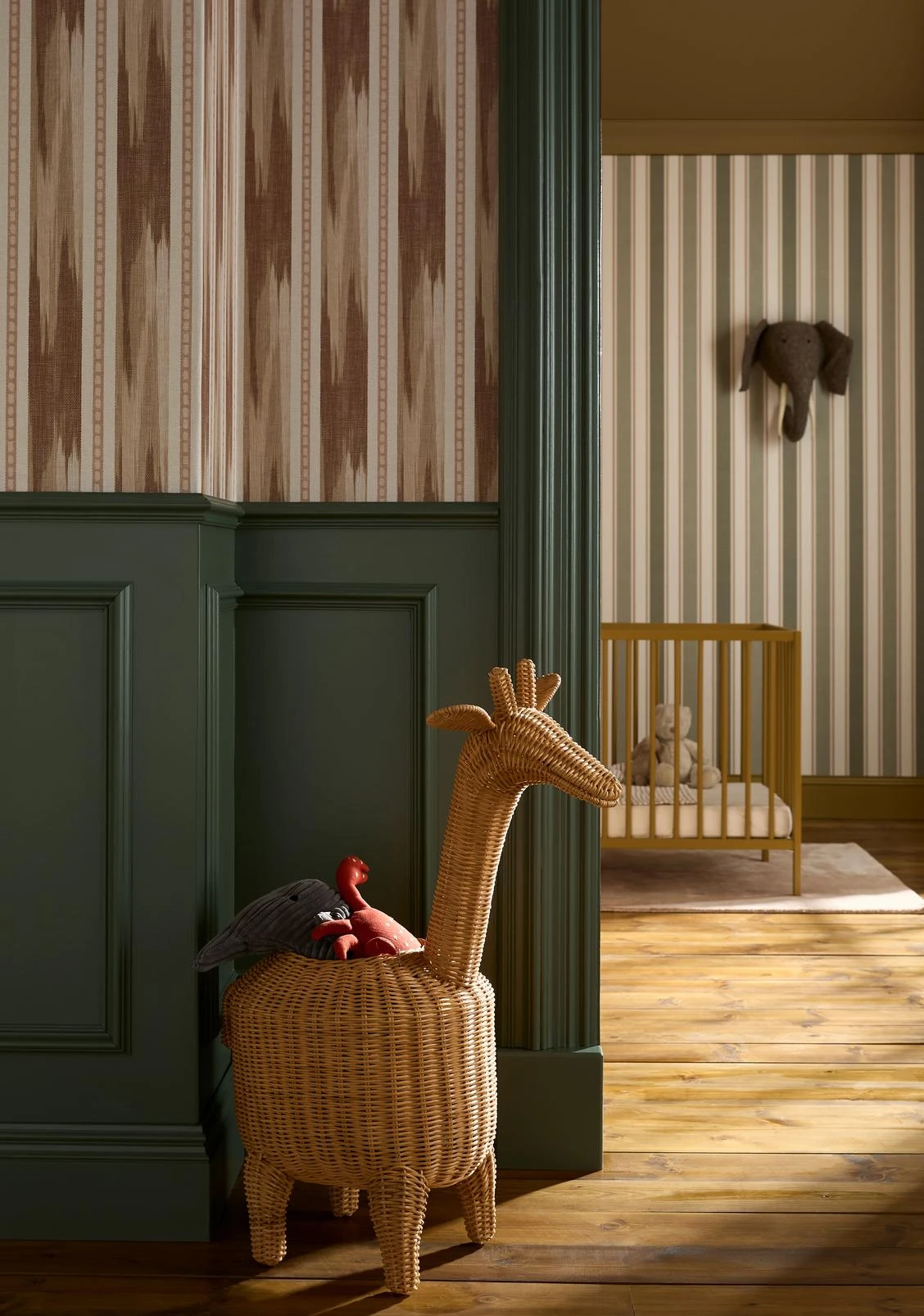Forge Stripe Terracotta Wallpaper - 146406_CAMEO_ForgeStripeTerracotta_146390_FoundryStripeForest_Uluwatu_AmberEarth_G&BChair_G&BRugs_2.jpg