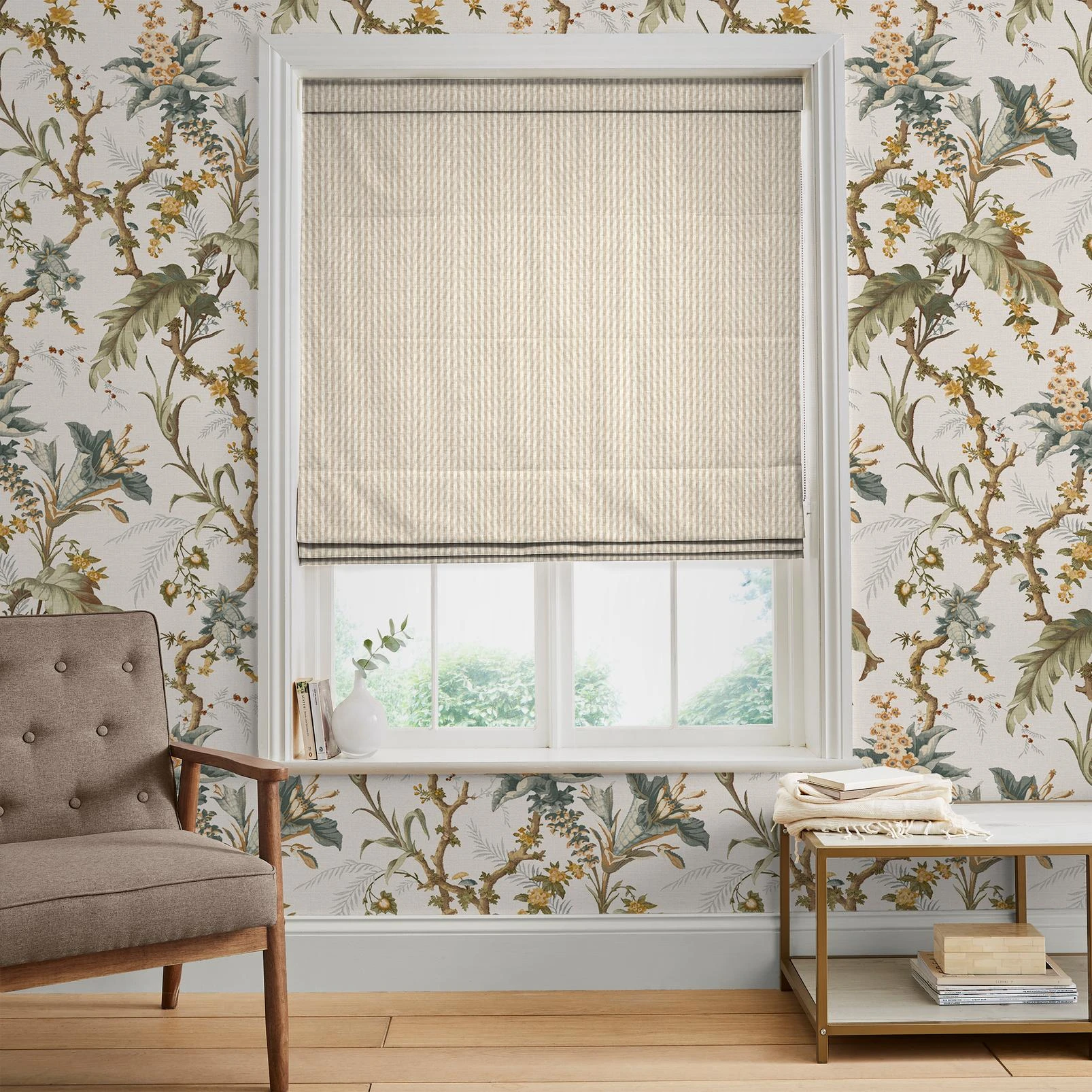 Elara Stripe Natural Roman Blind - 147880rom_ROOMSET_Elara_Stripe_Natural_146392_Arbour_Press_Celeste_109729_G&Bwhite.jpg
