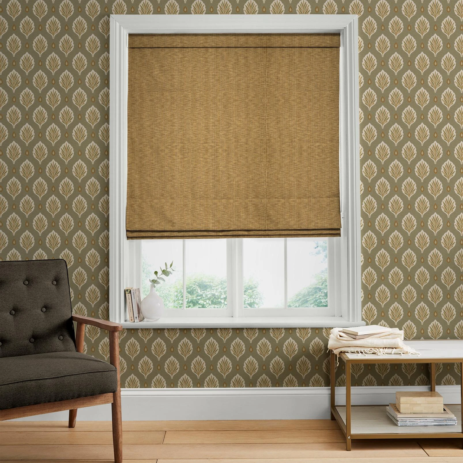 Ridge Loom Honey Roman Blind - 147887rom_ROOMSET_Ridge_Loom_Honey_146873_Alder_Moss_Natural_Cotton.jpg
