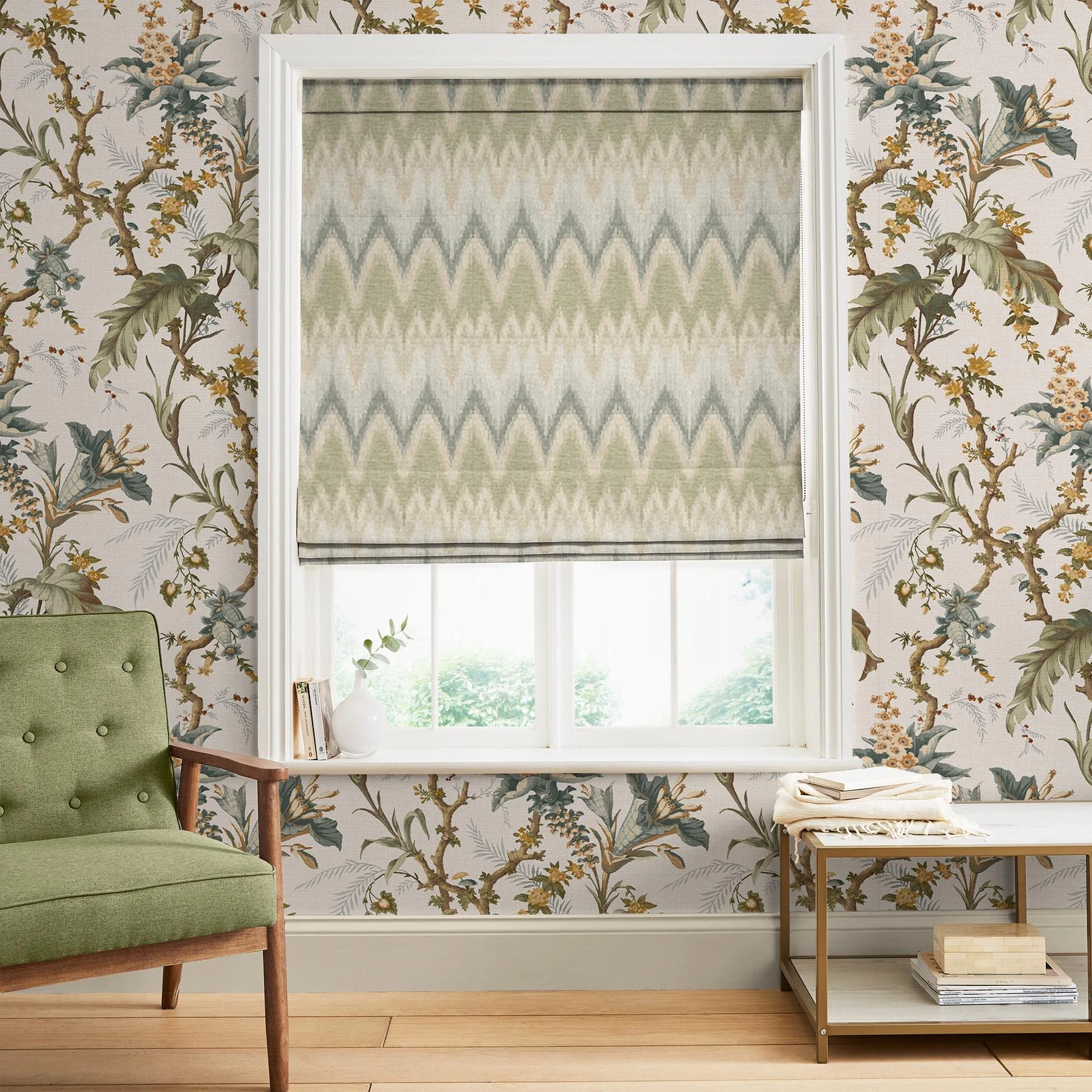 Zigzagare Blue Roman Blind - 147044rom_ROOMSET_ZIGZAGARE_BLUE_146392_ARBOURPRESSCELESTE_SOFTLIMESTONE.jpg