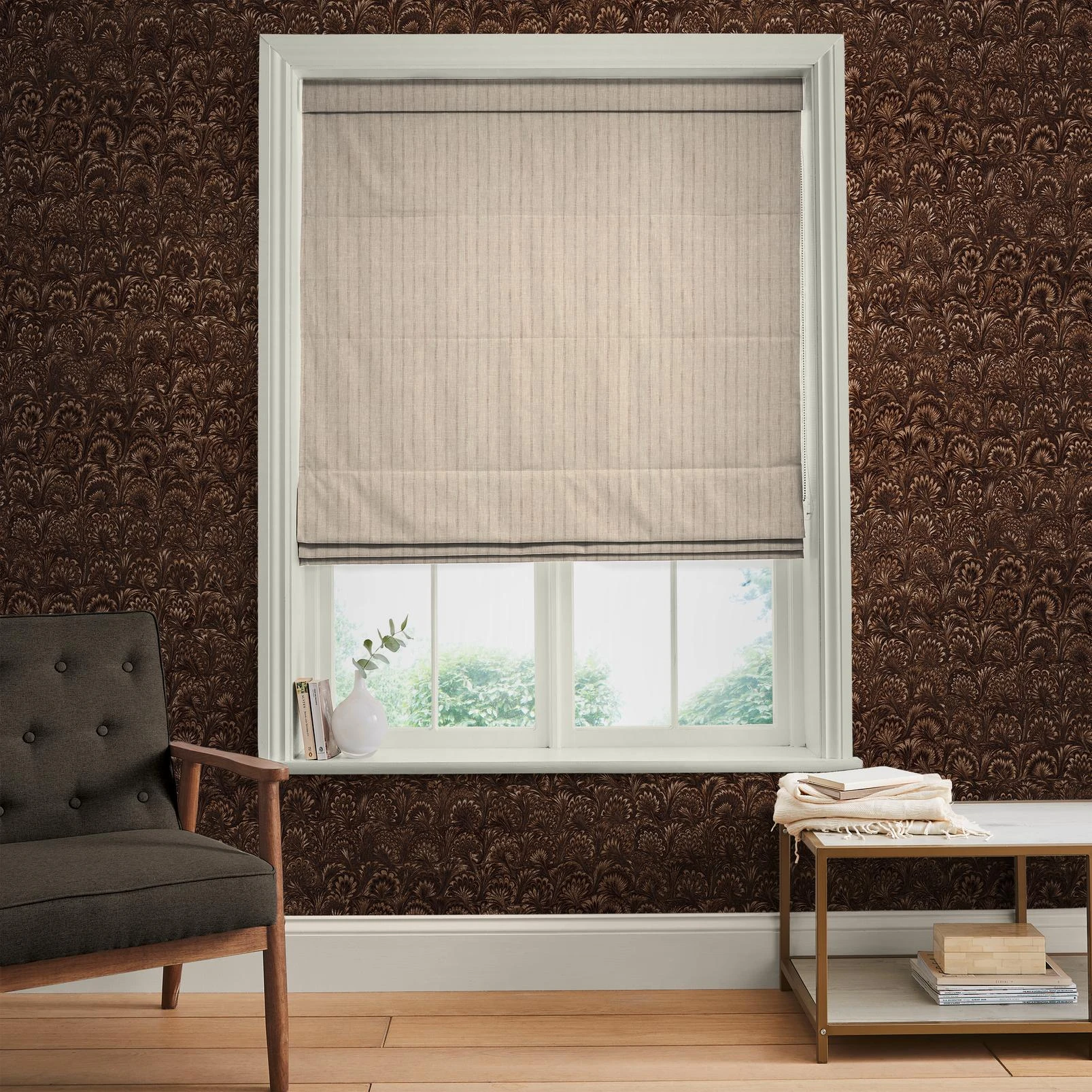 Meadow Stitch Flax Roman Blind - 147888rom_ROOMSET_Meadow_Stitch_Flax_Soft_Limestone_146413_Truffle_Chocolate.jpg