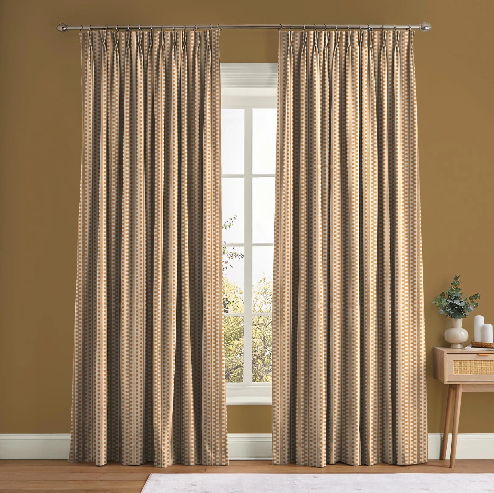 Kiln Ticking Tangerine Curtain - 147884cur_ROOMSET_Kiln_Ticking_Tangerine_116165rom_Amber_Earth_Blanc.jpg