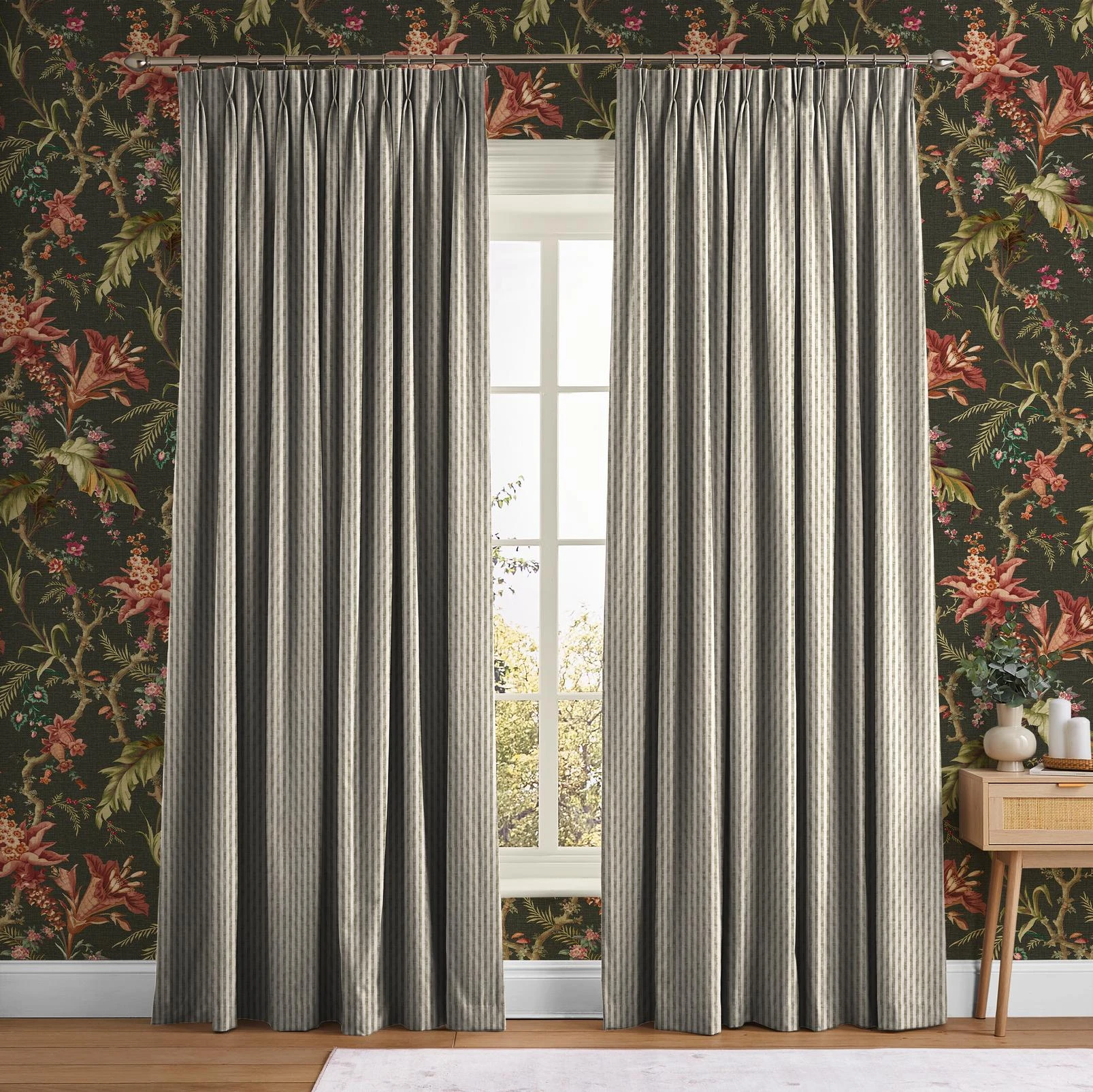 Elara Stripe Charcoal Curtain - 147879cur_ROOMSET_Elara_Stripe_Charcoal_146393_Arbour_Press_Forest_109729_G&Bwhite.jpg