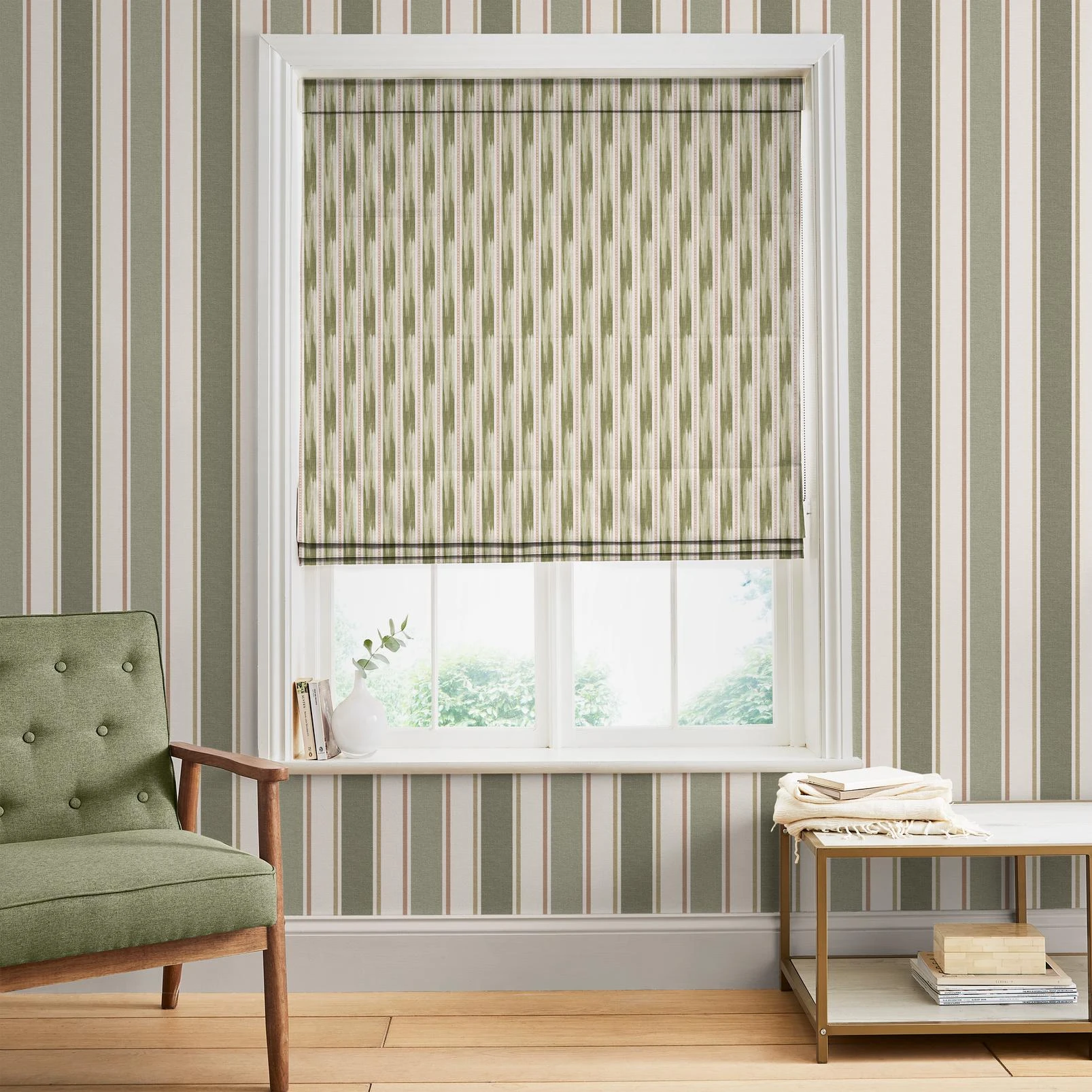 Forge Stripe Green Roman Blind - 147053rom_ROOMSET_FORGE_STRIPE_GREEN_146390_FOUNDRYSTRIPEFOREST_PEBBLE.jpg