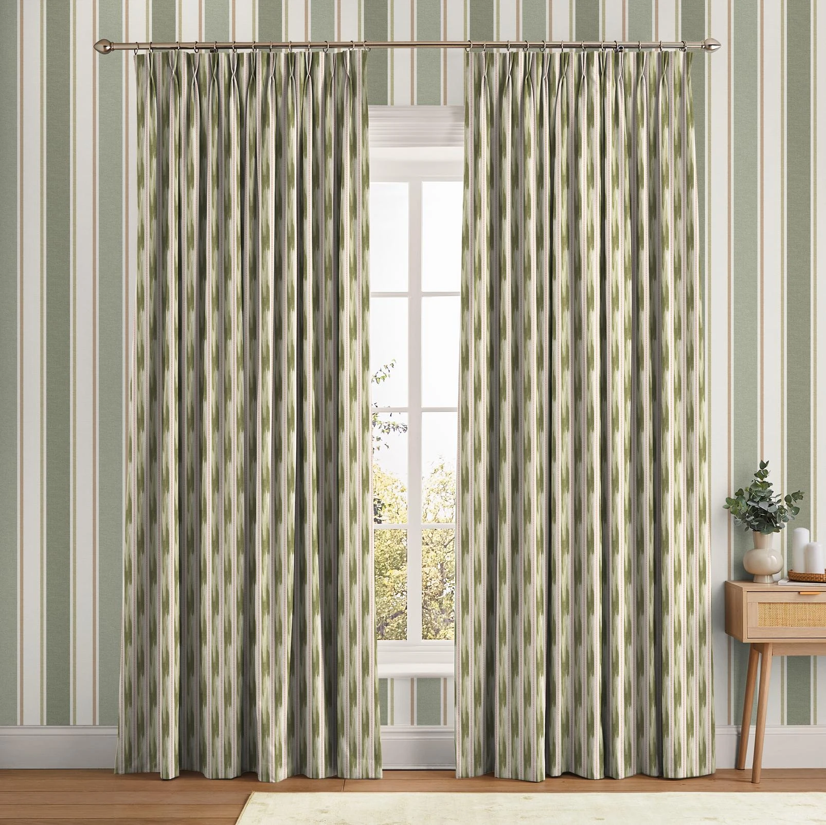 Forge Stripe Green Curtain - 147053cur_ROOMSET_FORGE_STRIPE_GREEN_146390_FOUNDRYSTRIPEFOREST_PEBBLE.jpg