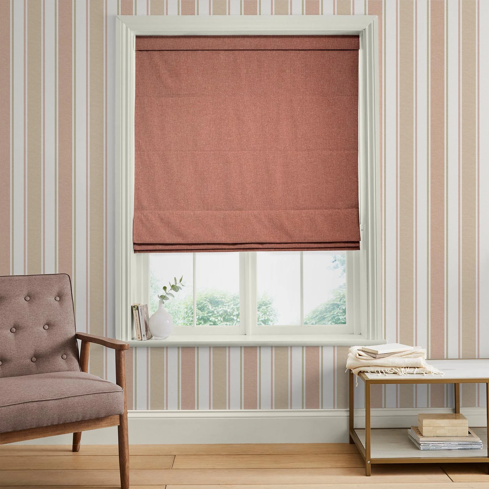 Ardyn Blush Roman Blind - 147894rom_ROOMSET_Ardyn_Blush_Pebble_146389_Foundry_Stripe_Blush.jpg