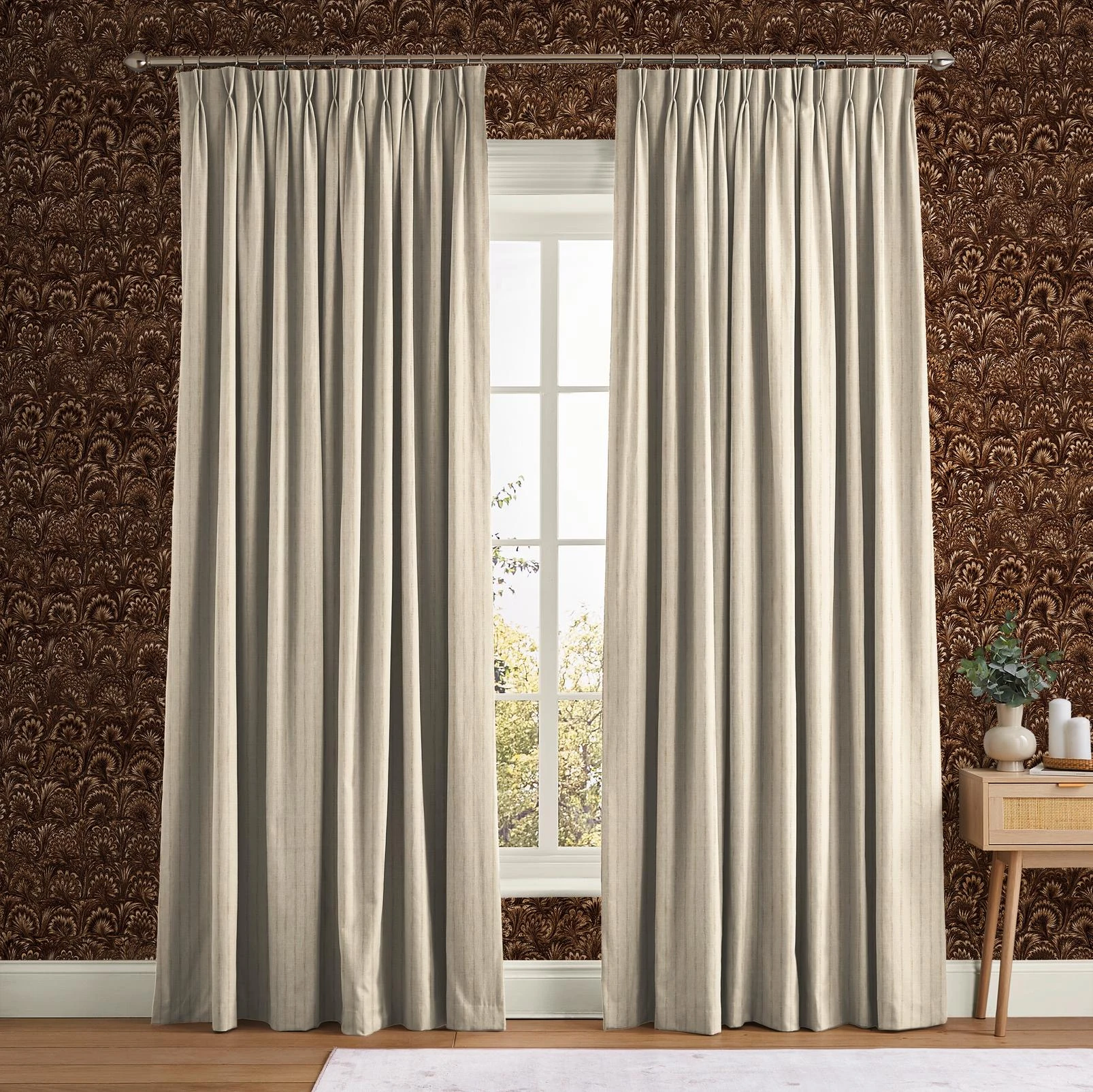 Meadow Stitch Flax Curtain - 147888cur_ROOMSET_147888cur_CAMEO_Meadow_Stitch_Flax_Soft_Limestone_146413_Truffle_Chocolate.jpg