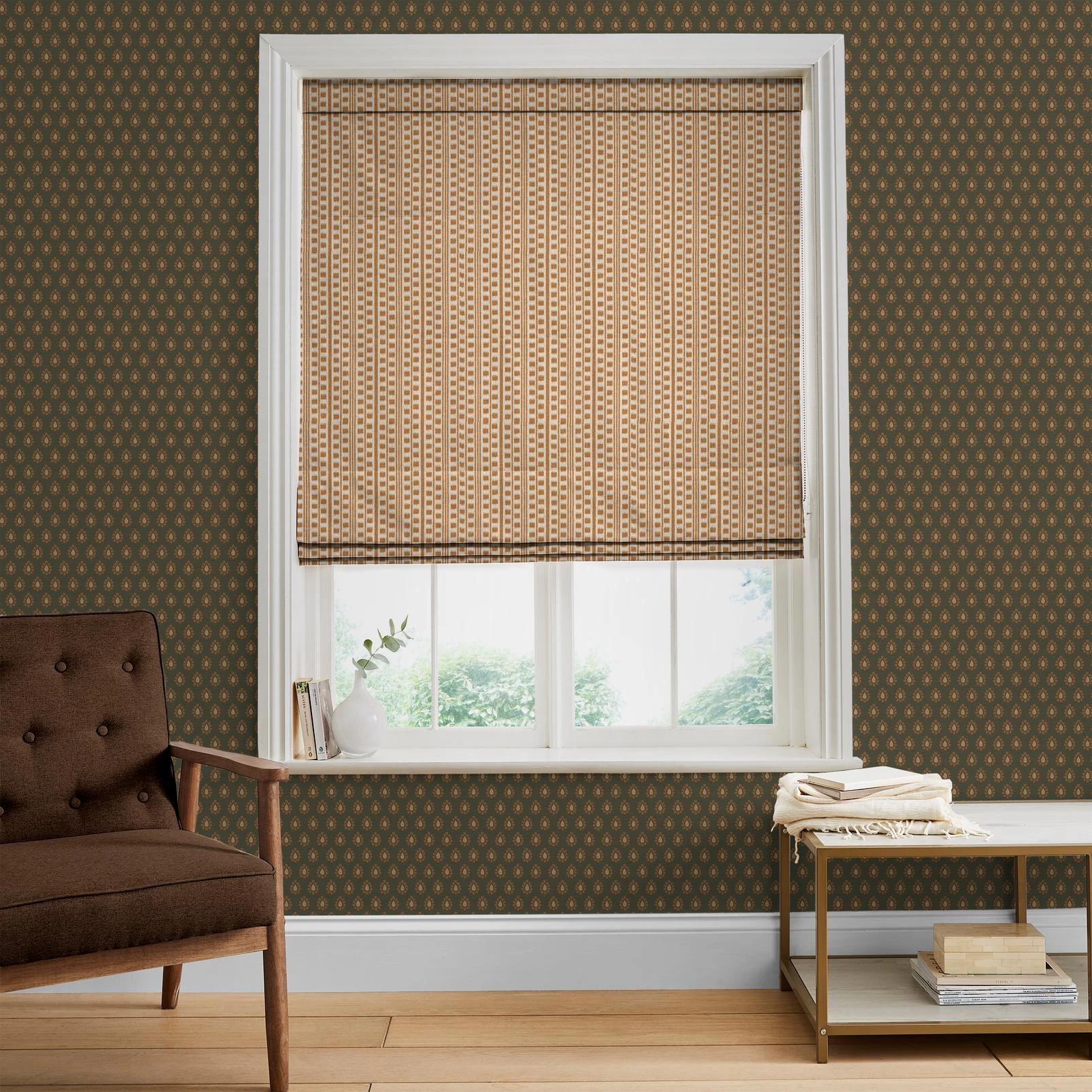 Kiln Ticking Tangerine Roman Blind - 147884rom_ROOMSET_Kiln_Ticking_Tangerine_116165cur_Ethereal_Copper_146387_Dobby_Forest.jpg