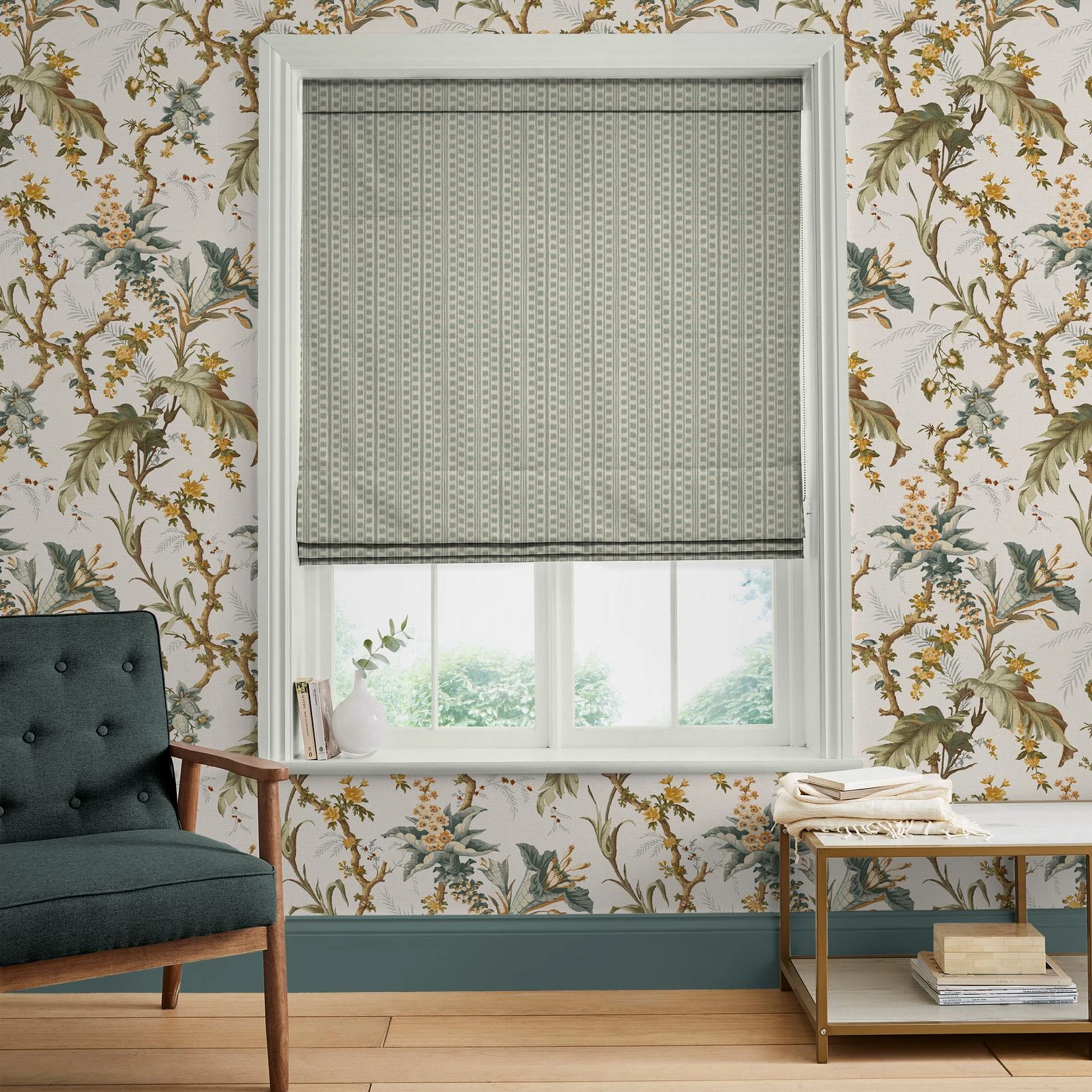 Kiln Ticking Seafoam Roman Blind - 147883rom_ROOMSET_Kiln_Ticking_Seafoam_146392_Arbour_Press_Celeste_1946.jpg