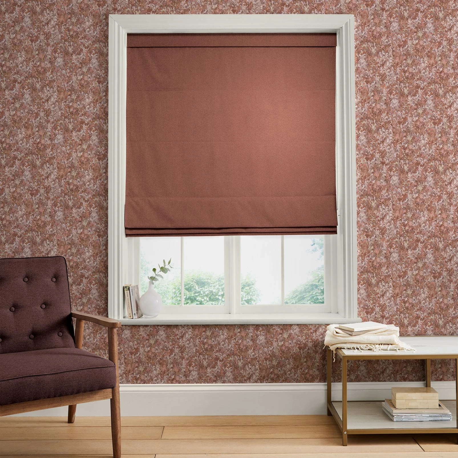 Opulence Vintage Mulberry Roman Blind - 147896rom_ROOMSET_Opulence_Vintage_Mulberry_Pebble_146407_Marbre_Pink.jpg