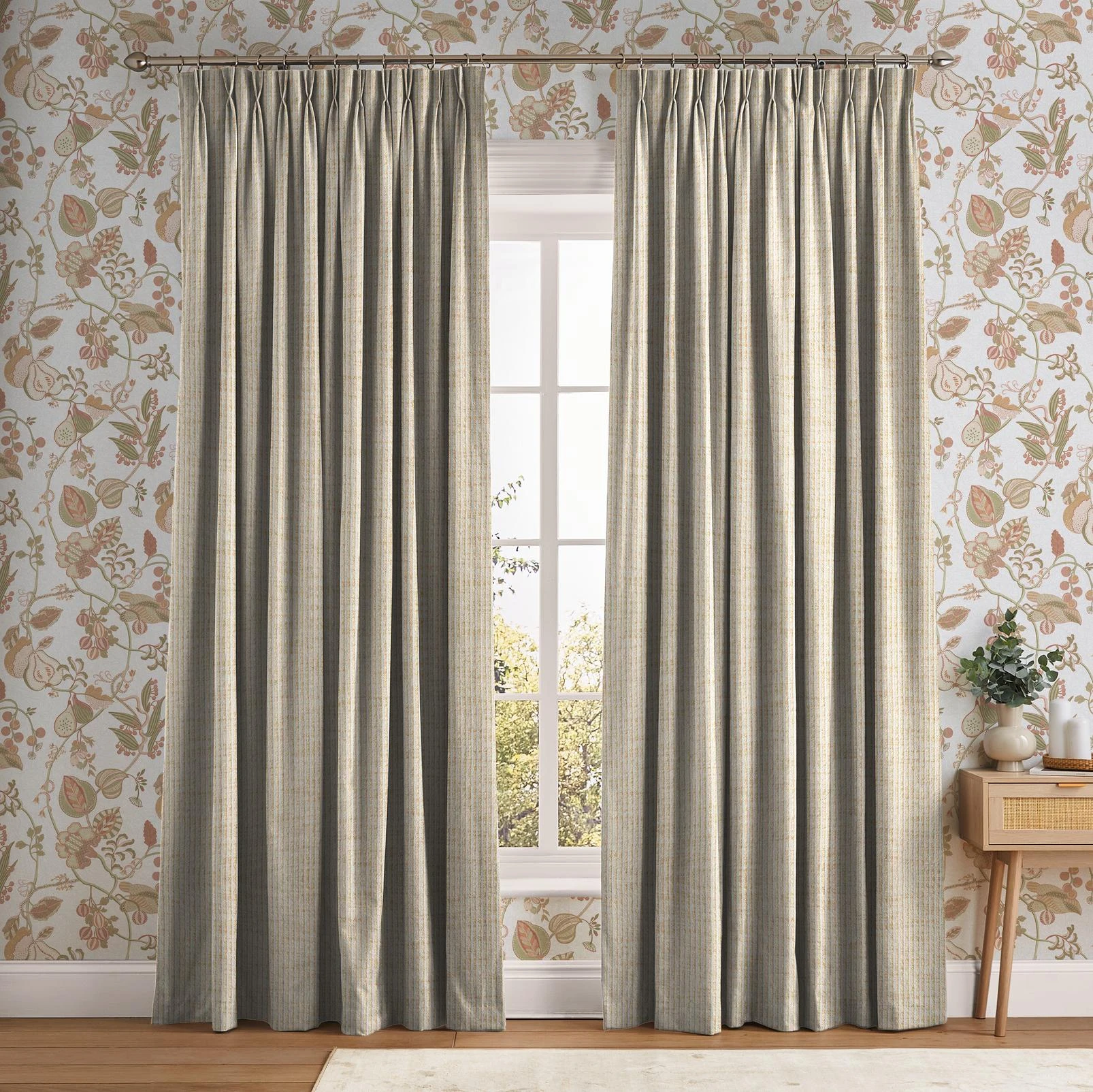 Ridge Loom Oyster Curtain - 147886cur_ROOMSET_Ridge_Loom_Oyster_116220rom_146421_Orchard_Tapestry_Blush_Lace.jpg
