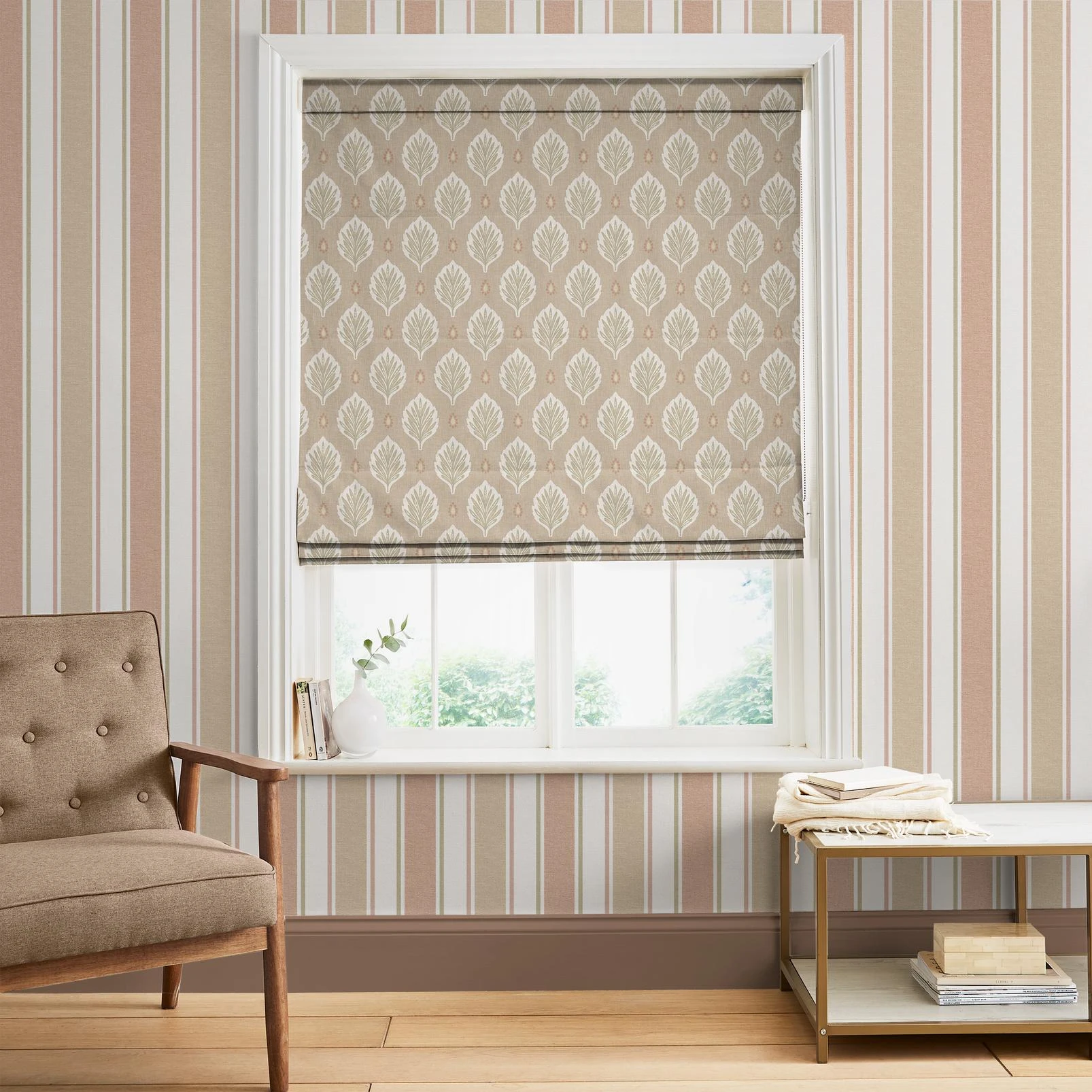Alder Natural Roman Blind - 147032rom_ROOMSET_ALDER_NATURAL_146389_FOUNDRYSTRIPEBLUSH_TAUPE.jpg