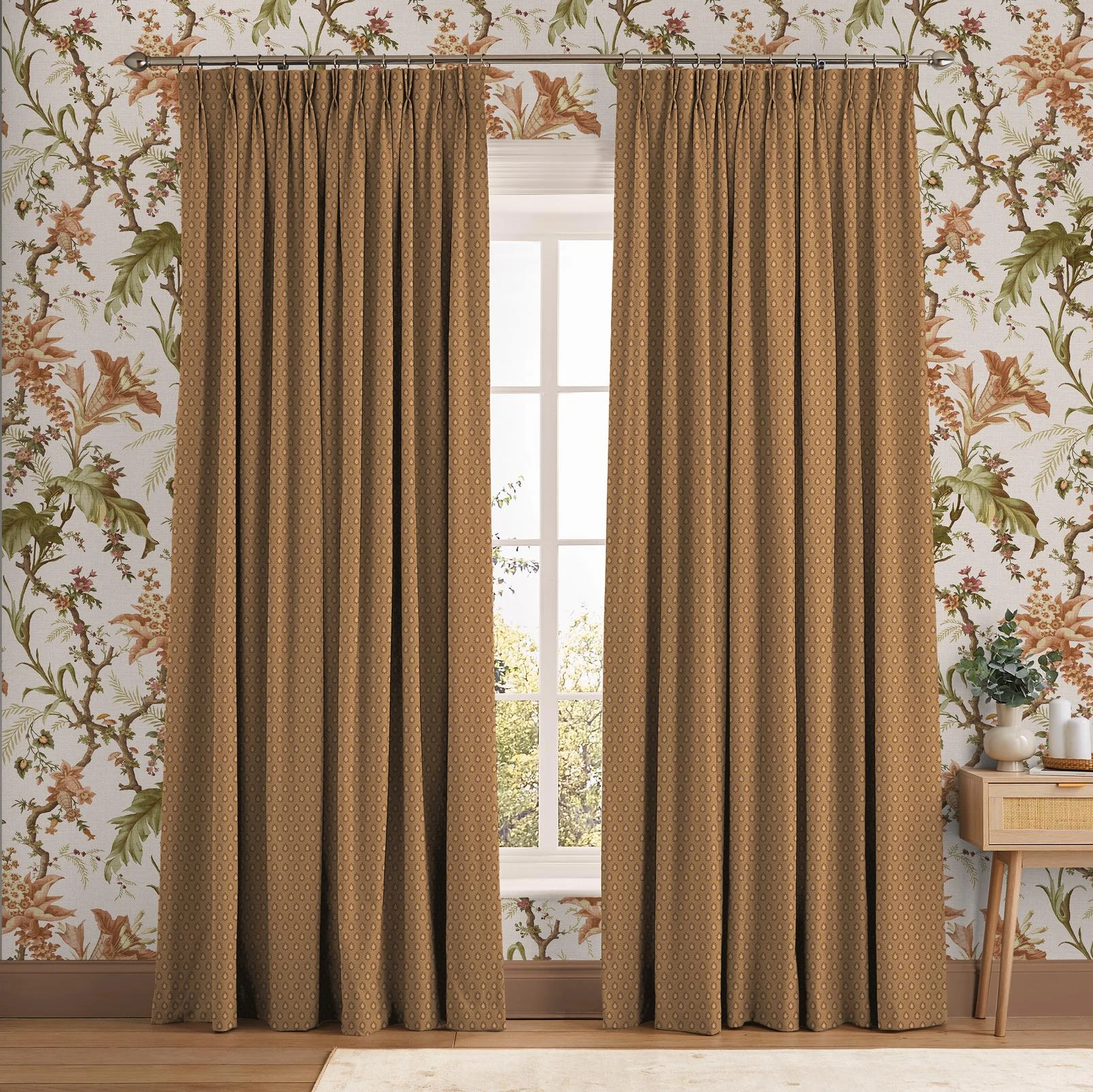 Dobby Ochre Curtain - 147029cur_ROOMSET_DOBBY_ORCHE_146392_ARBOURPRESSCELESTE_HOTMOCHA.jpg