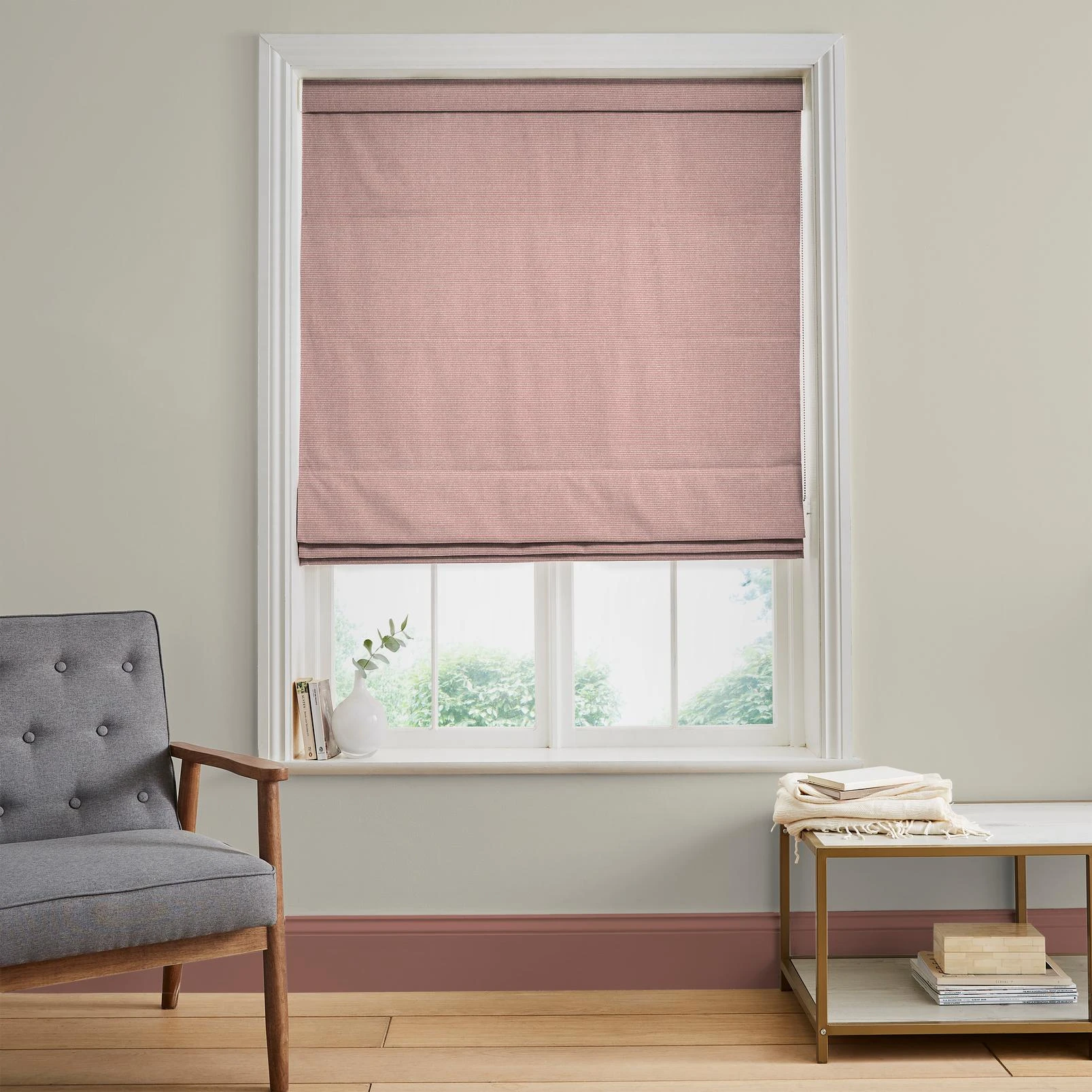 Ember Weave Mulberry Roman Blind - 147891rom_ROOMSET_Ember_Weave_Mulberry_Bobbi_Soft_Limestone.jpg