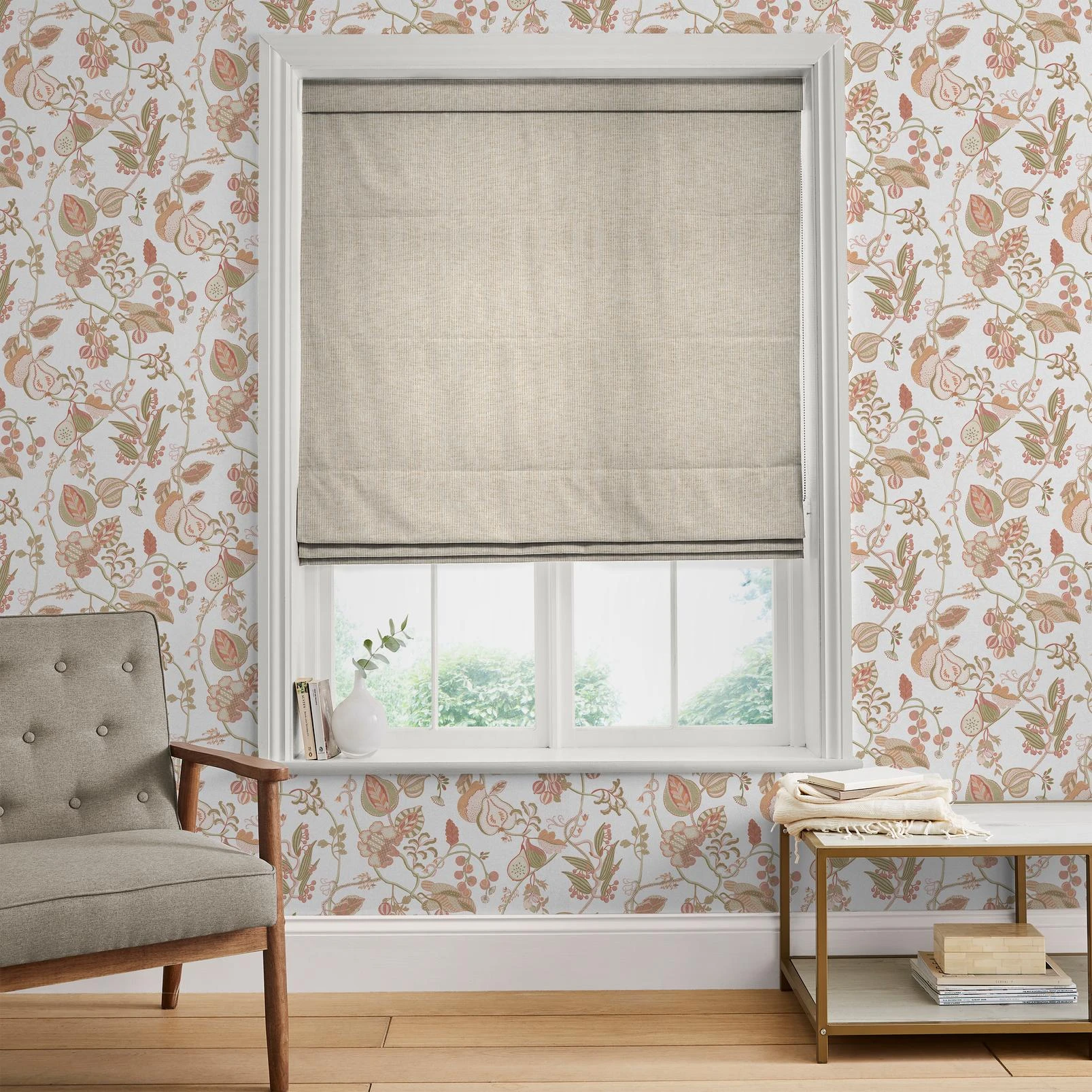 Ridge Loom Oyster Roman Blind - 147886rom_ROOMSET_Ridge_Loom_Oyster_116220rom_146421_Orchard_Tapestry_Blush_Lace.jpg