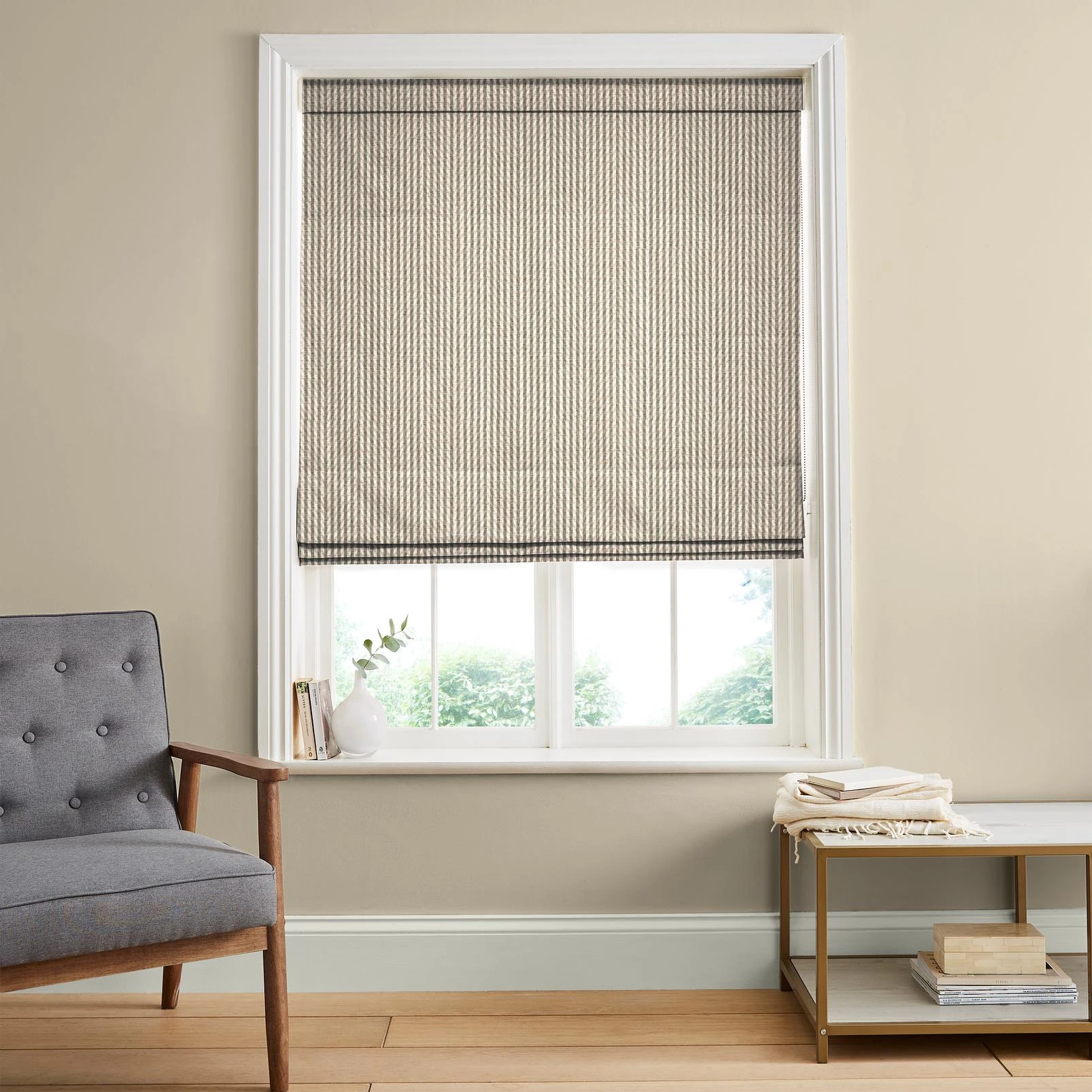 Elara Stripe Charcoal Roman Blind - 147879rom_ROOMSET_Elara_Stripe_Charcoal_110993_TaupeTwist_109729_G&Bwhite.jpg