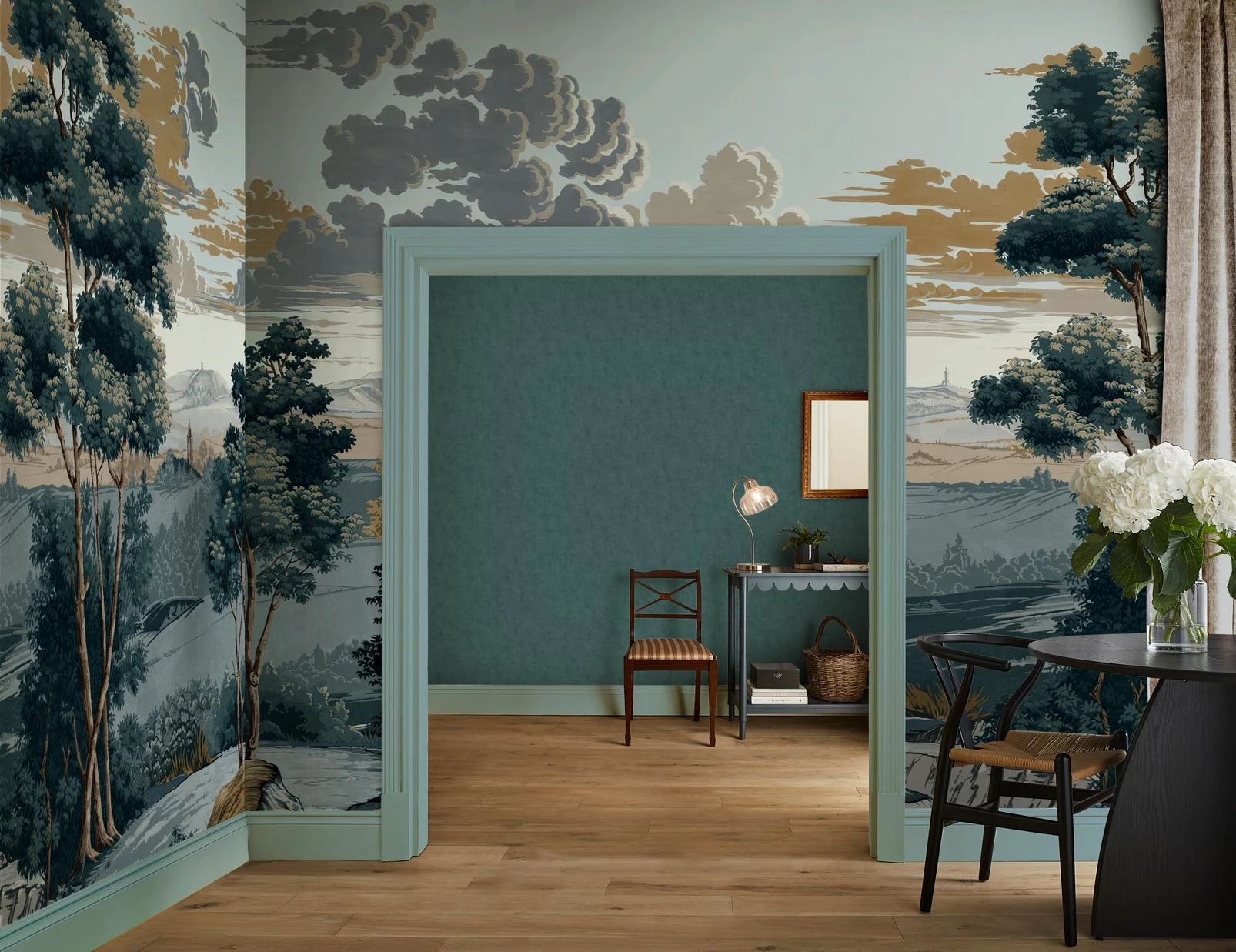 Red Rose County Teal Bespoke Mural - 146713_ROOMSET_RedRoseCountyTeal_Dungarees_120614_OrgandySilkTeal_140135cur_WhitakerSand.jpg