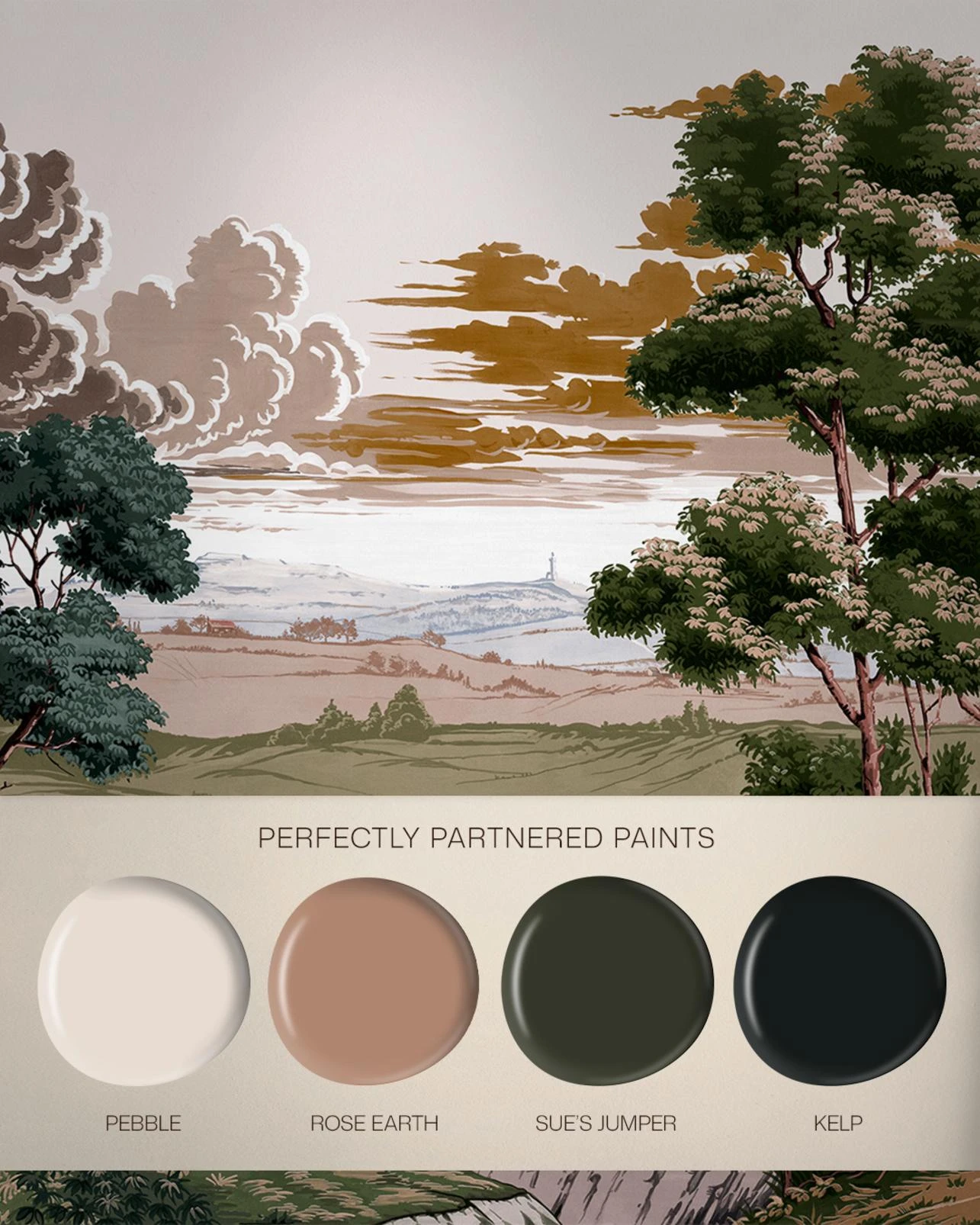 Red Rose County Olive Bespoke Mural - 146731_FLATLAY_REDROSECOUNTYOLIVE_MURAL_PEBBLE_ROSEEARTH_SUESJUMPER_KELP.jpg