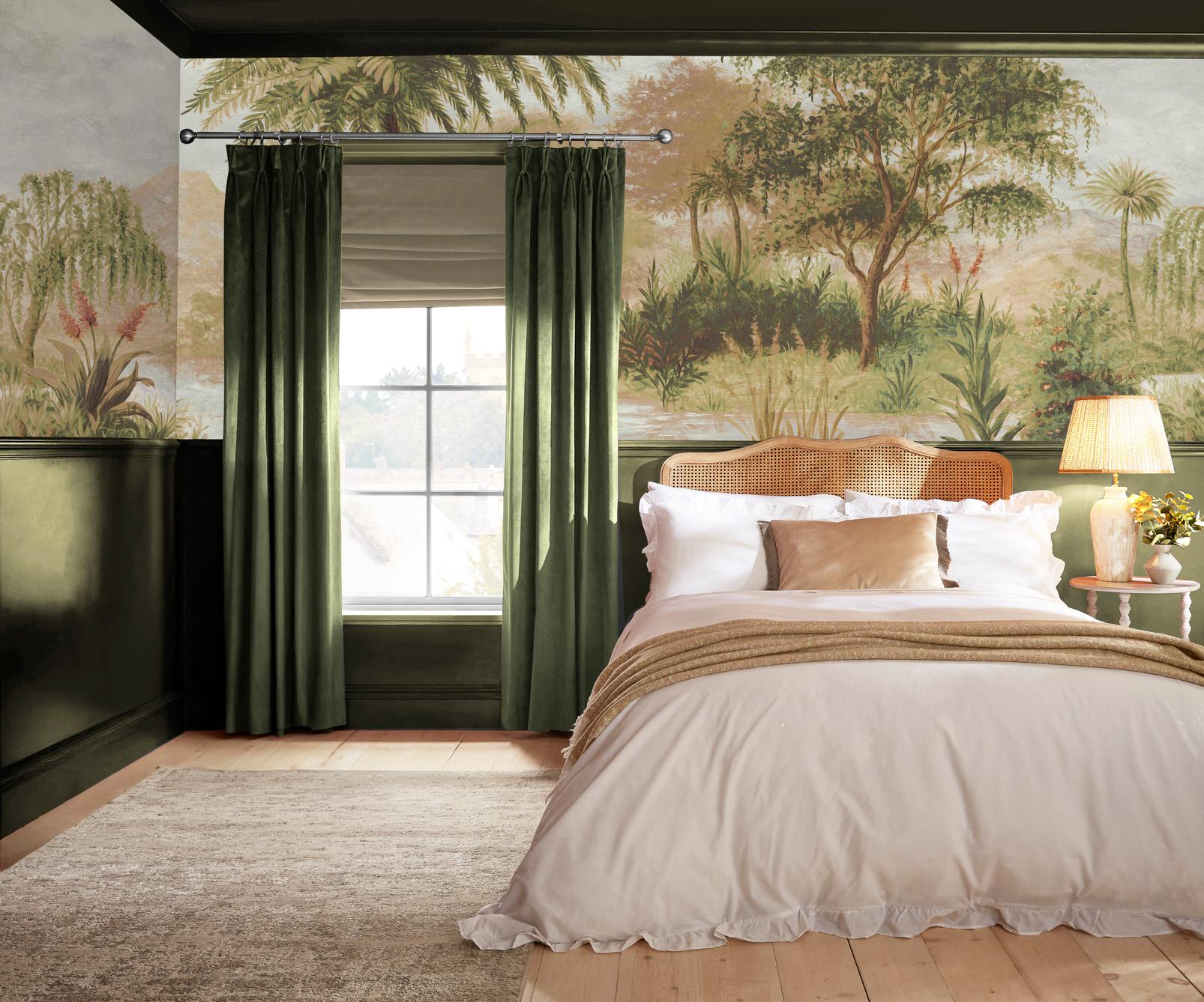 Caelum Palms Ochre Bespoke Mural - 146659_ROOMSET_CaelumPalmsOchre_MilitaryOperation_116064cur_CampanileDuskyGreen.jpg
