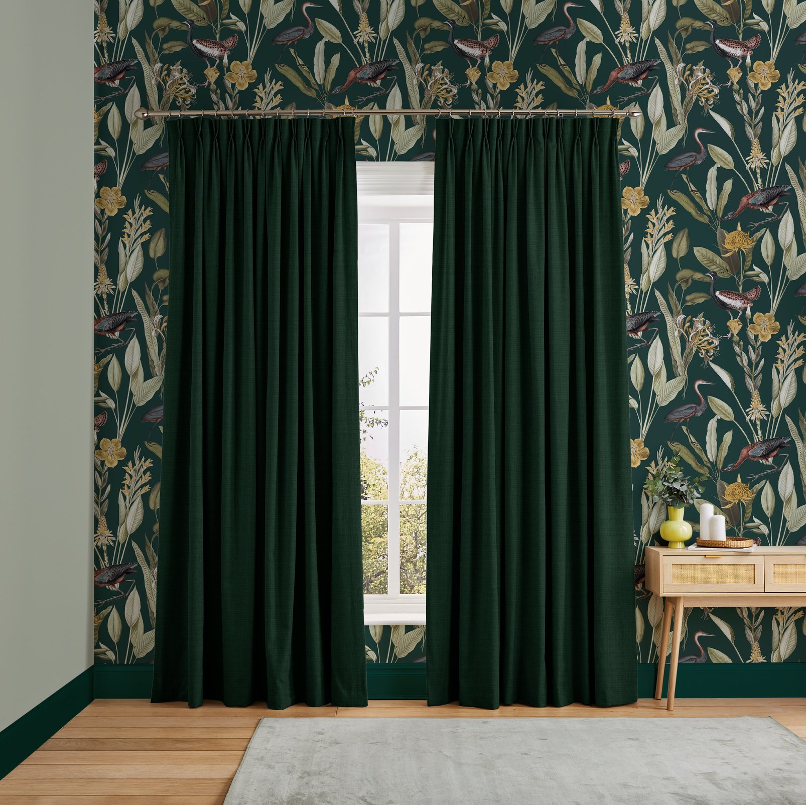 Wallace Forest Green Curtains in a Roomset