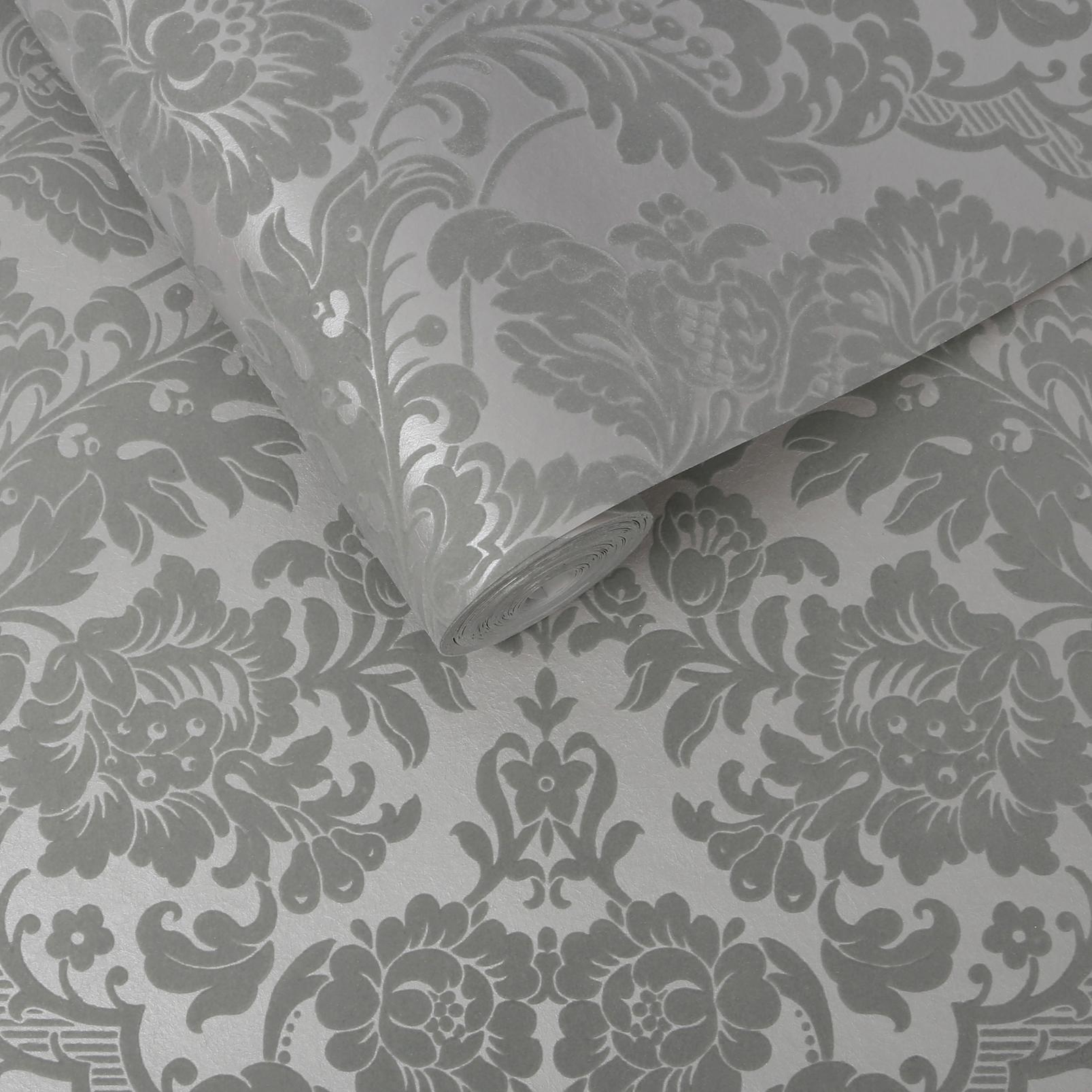 Gothic Damask Flock Grey & Silver Wallpaper - 104564_ROLLSHOT_GOTHIC DAMASK FLOCK GREYSILVER_01.jpg