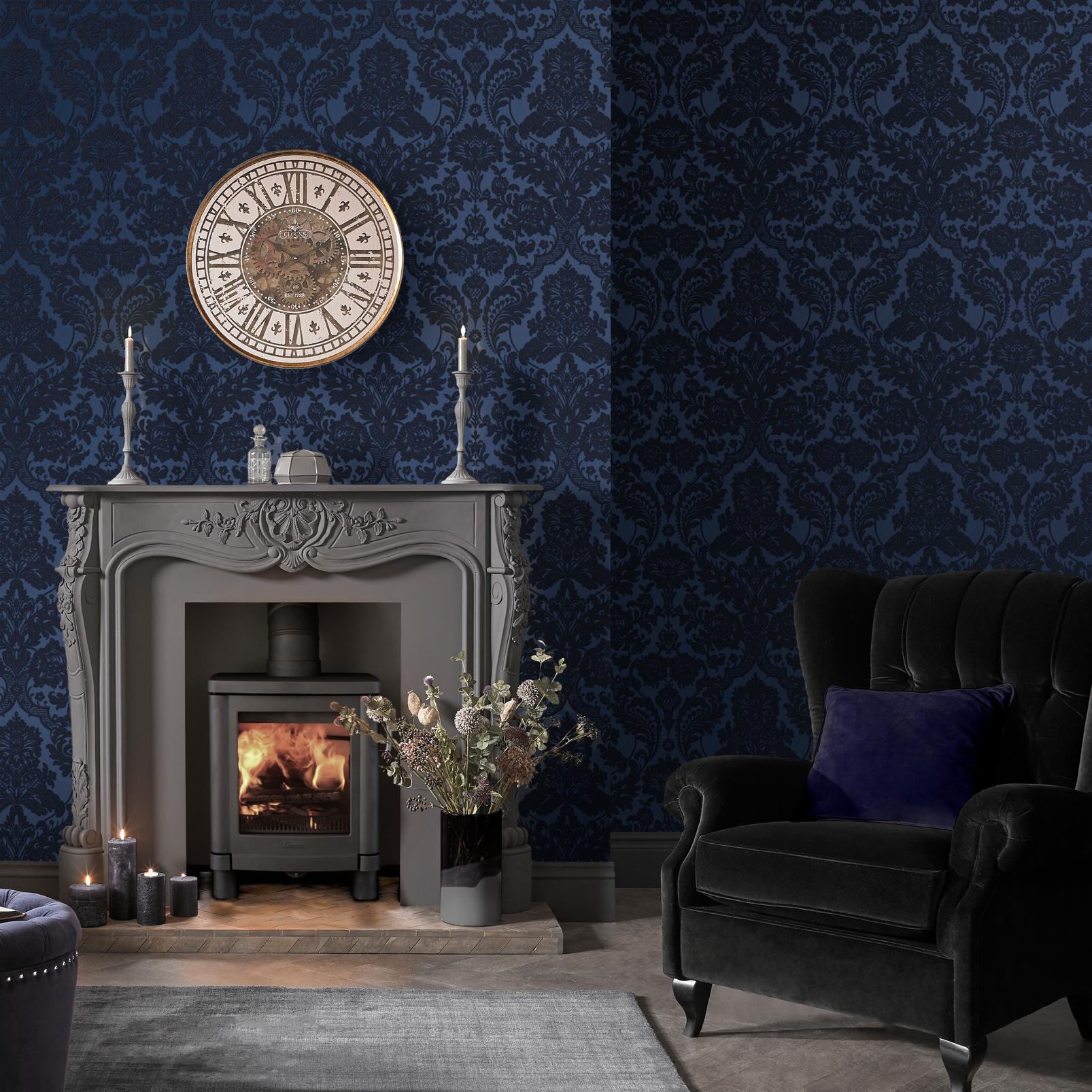Gothic Damask Flock Cobalt Wallpaper - 104563_ROOMSET_01.jpg