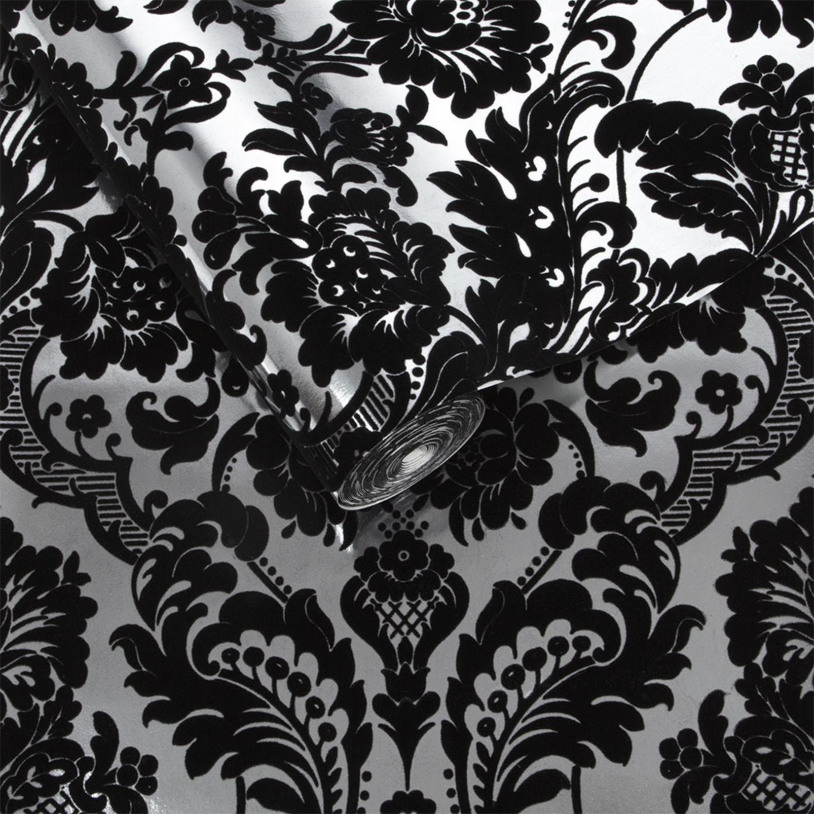 Gothic Damask Flock Black & Silver Wallpaper - 104562_ROLLSHOT_GOTHIC DAMASK FLOCK BLACKSILVER_01.jpg