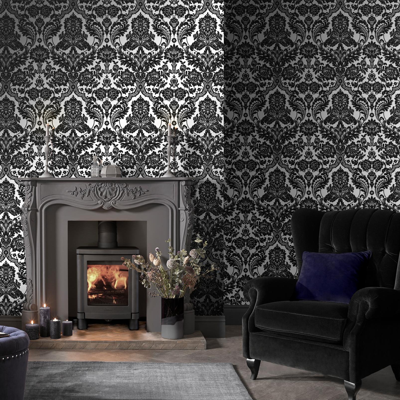 Gothic Damask Flock Black & Silver Wallpaper - 104562_ROOMSET_01.jpg