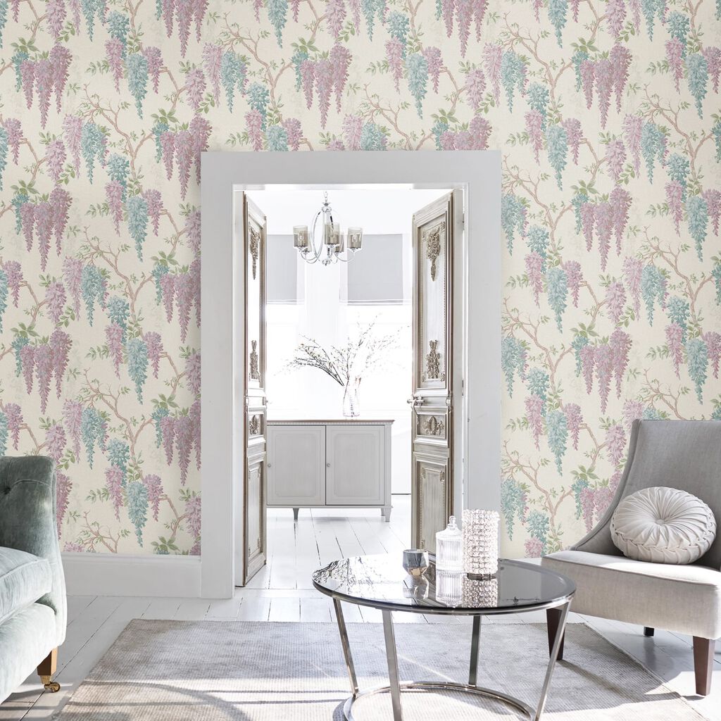 laura ashley wisteria garden duck egg wallpaper