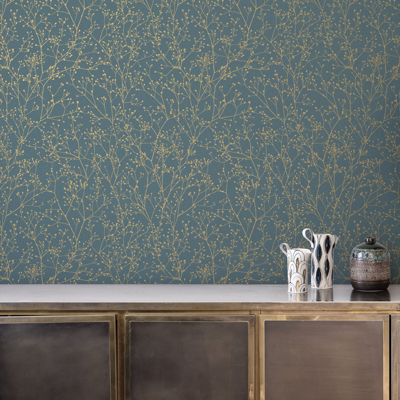 Gypsophila Airforce Blue & Soft Gold Wallpaper by Clarissa Hulse - 120384_ROOMSET_03.jpg