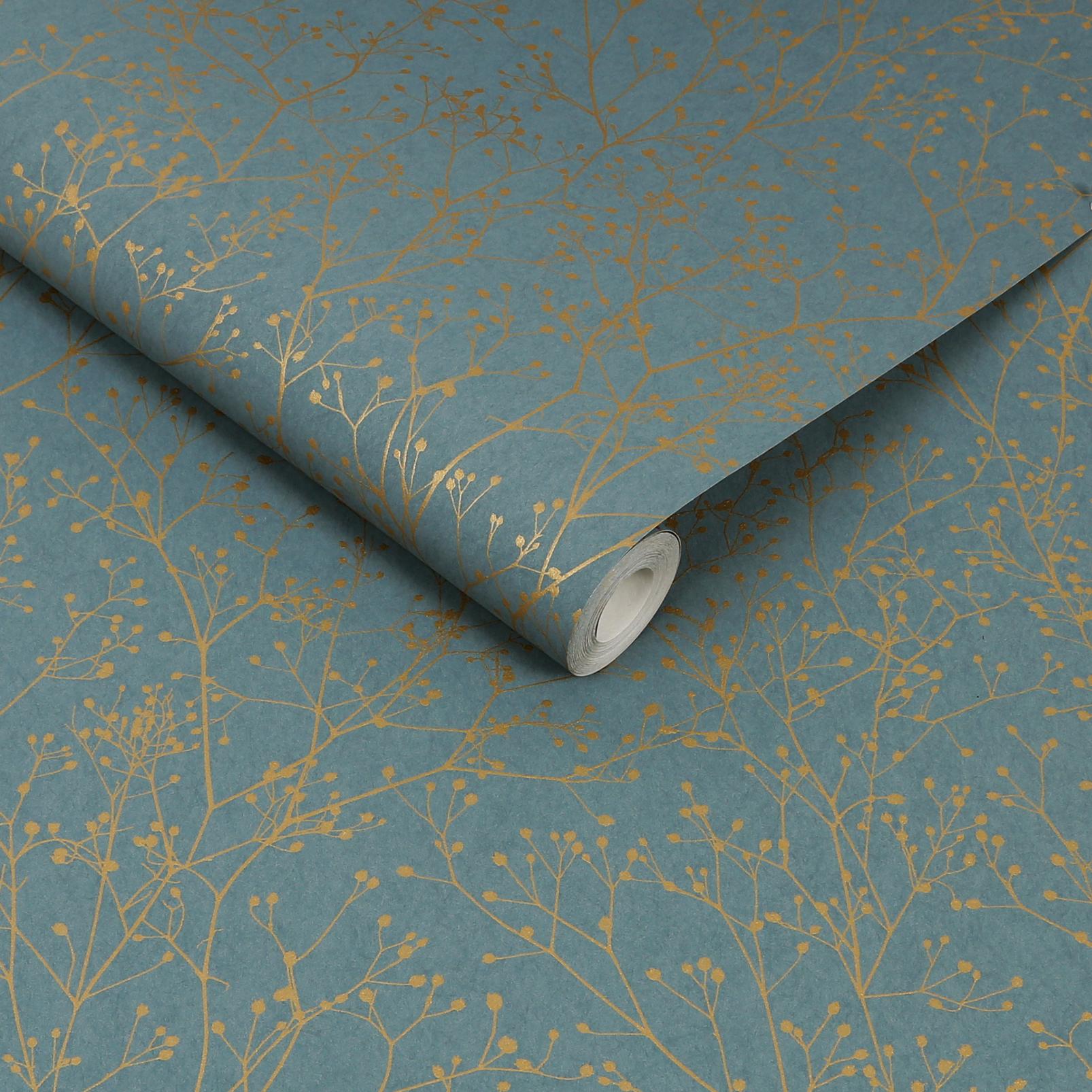 Gypsophila Airforce Blue & Soft Gold Wallpaper by Clarissa Hulse - 120384_ROLLSHOT_01.jpg