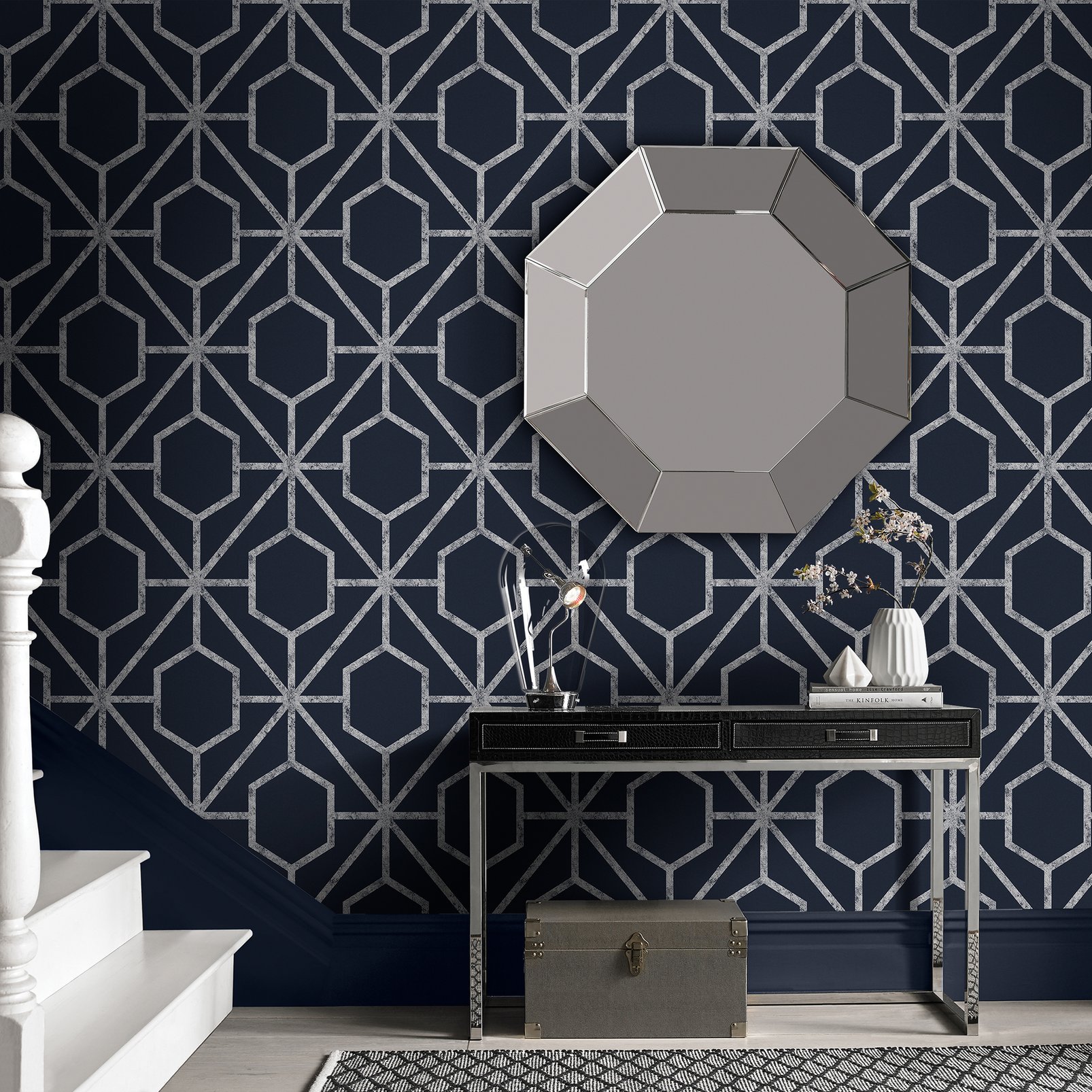 Rinku Navy & Silver Wallpaper - 112200_ROOMSET_RINKU NAVY & SILVER_02.jpg