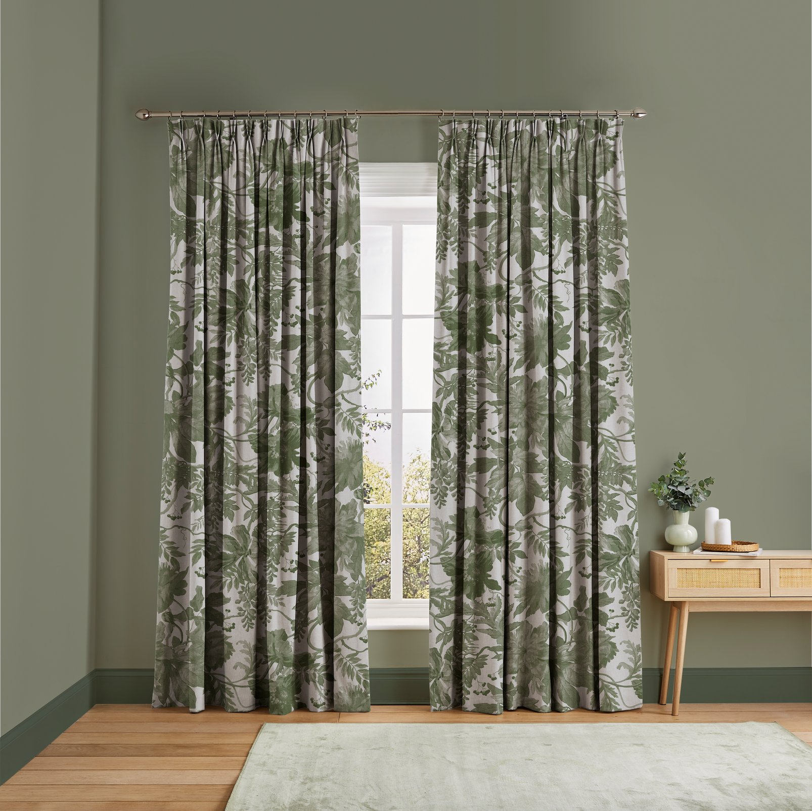 Enzia Sage Curtains in a Roomset