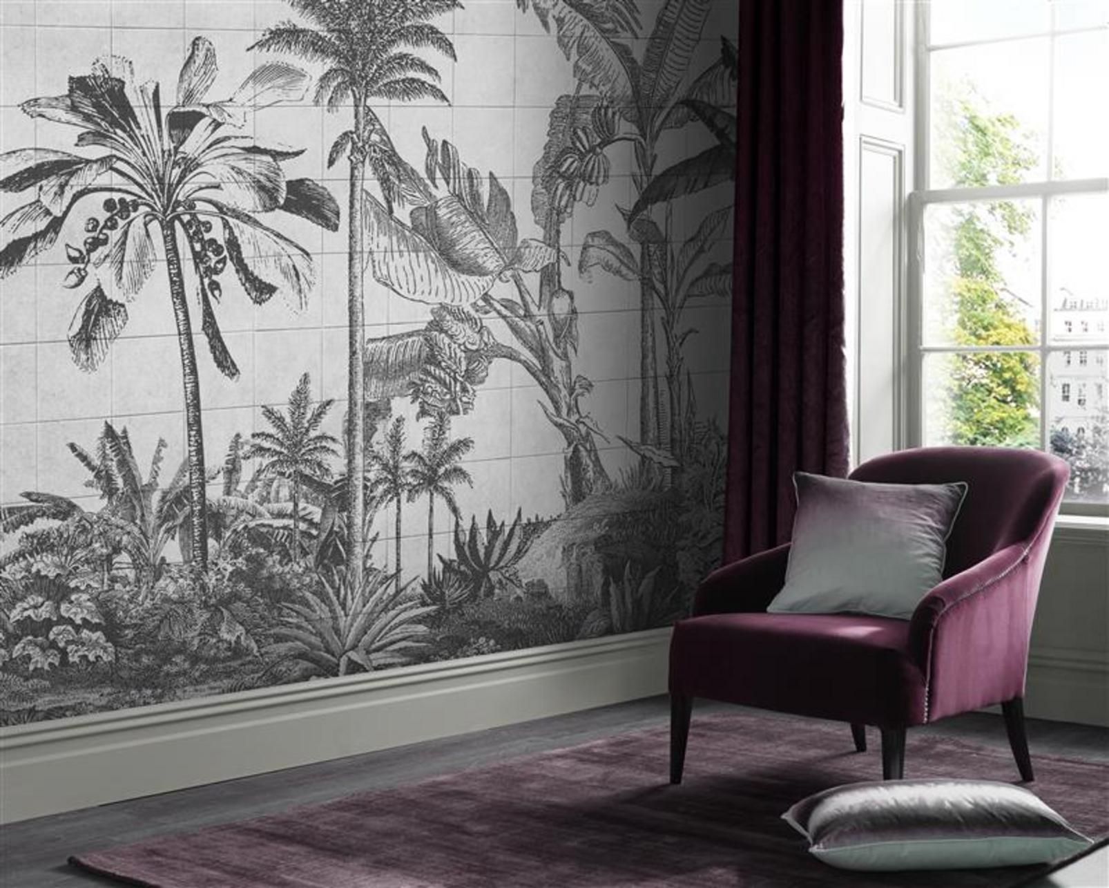 Tiled Jungle Black & White Bespoke Mural - 114332_ROOMSET_01.jpg