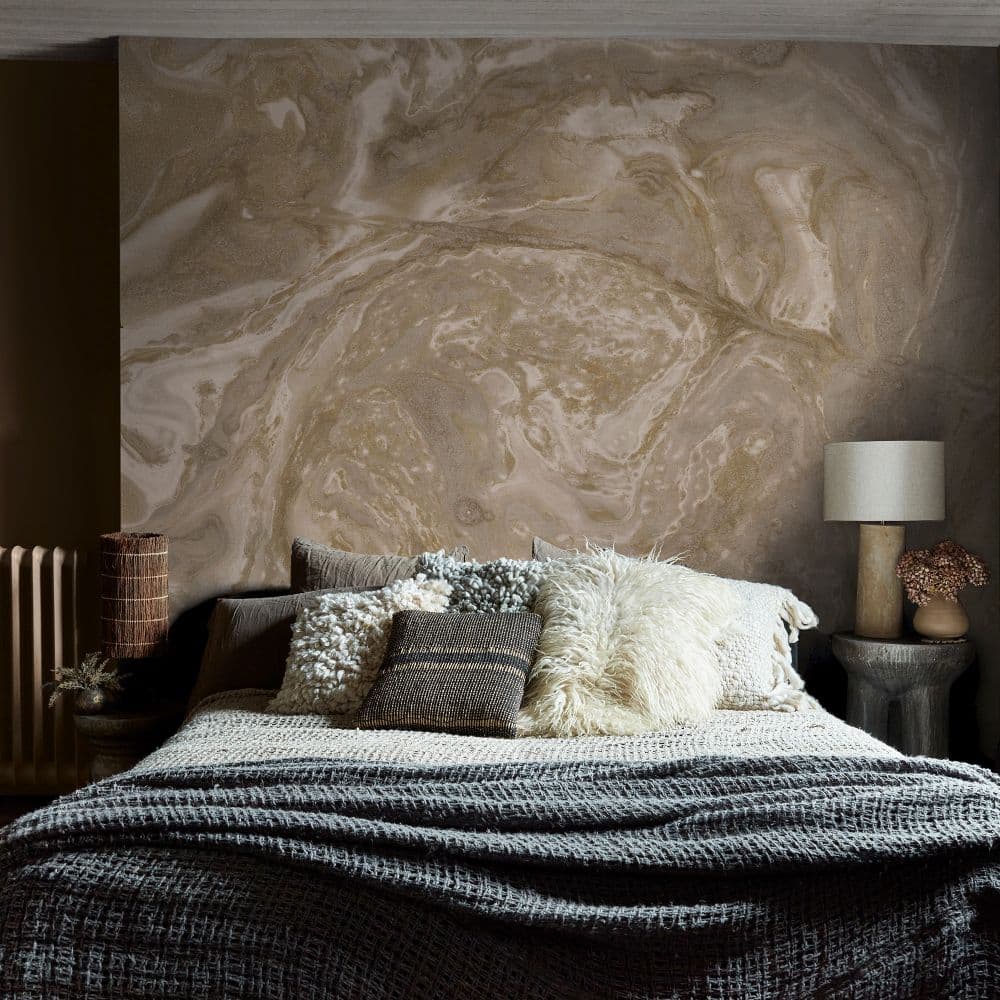 Abigail Ahern Ethereal Marble Golden wallpaper in a bedroom